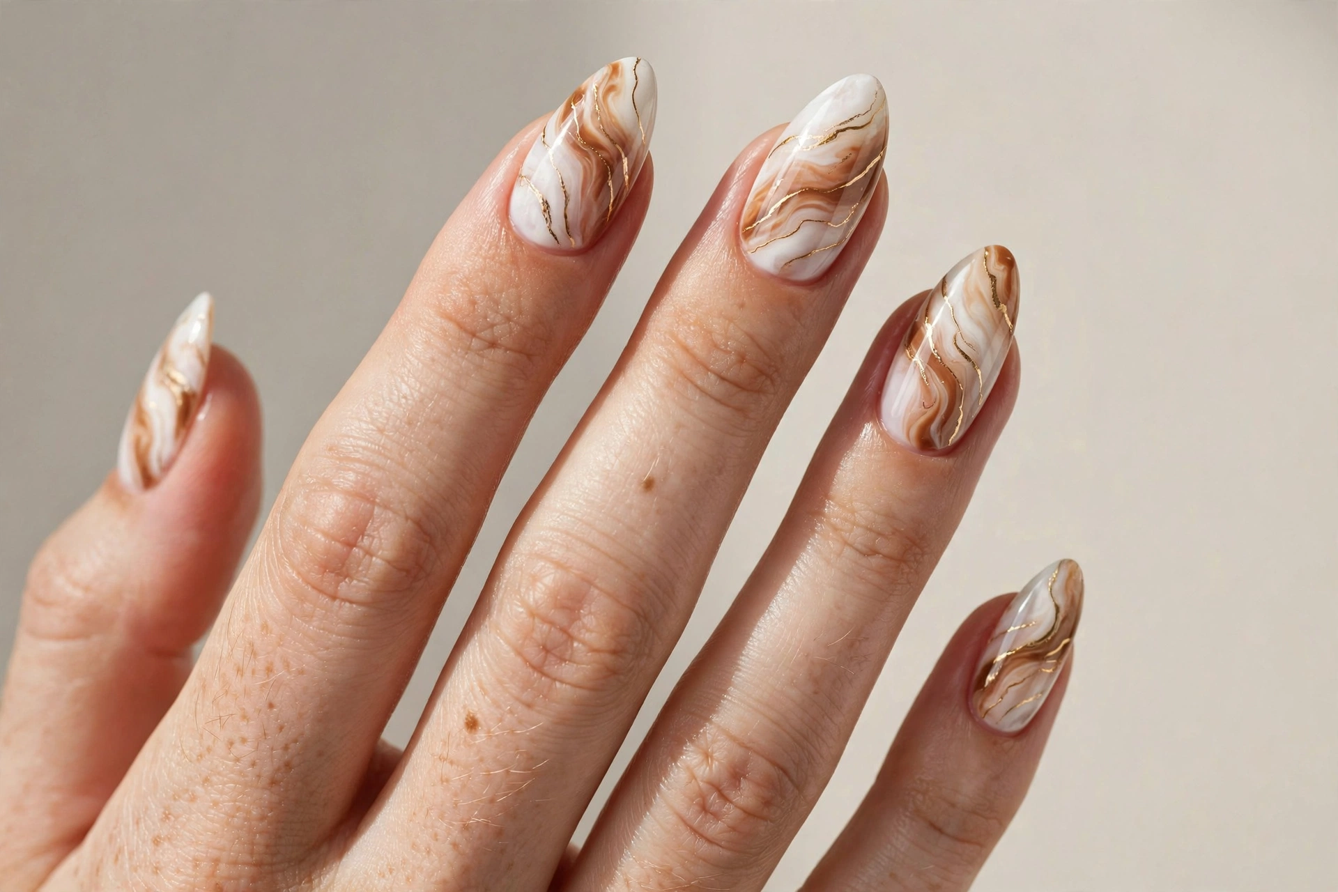 Caramel and white marble nails with fine gold veining