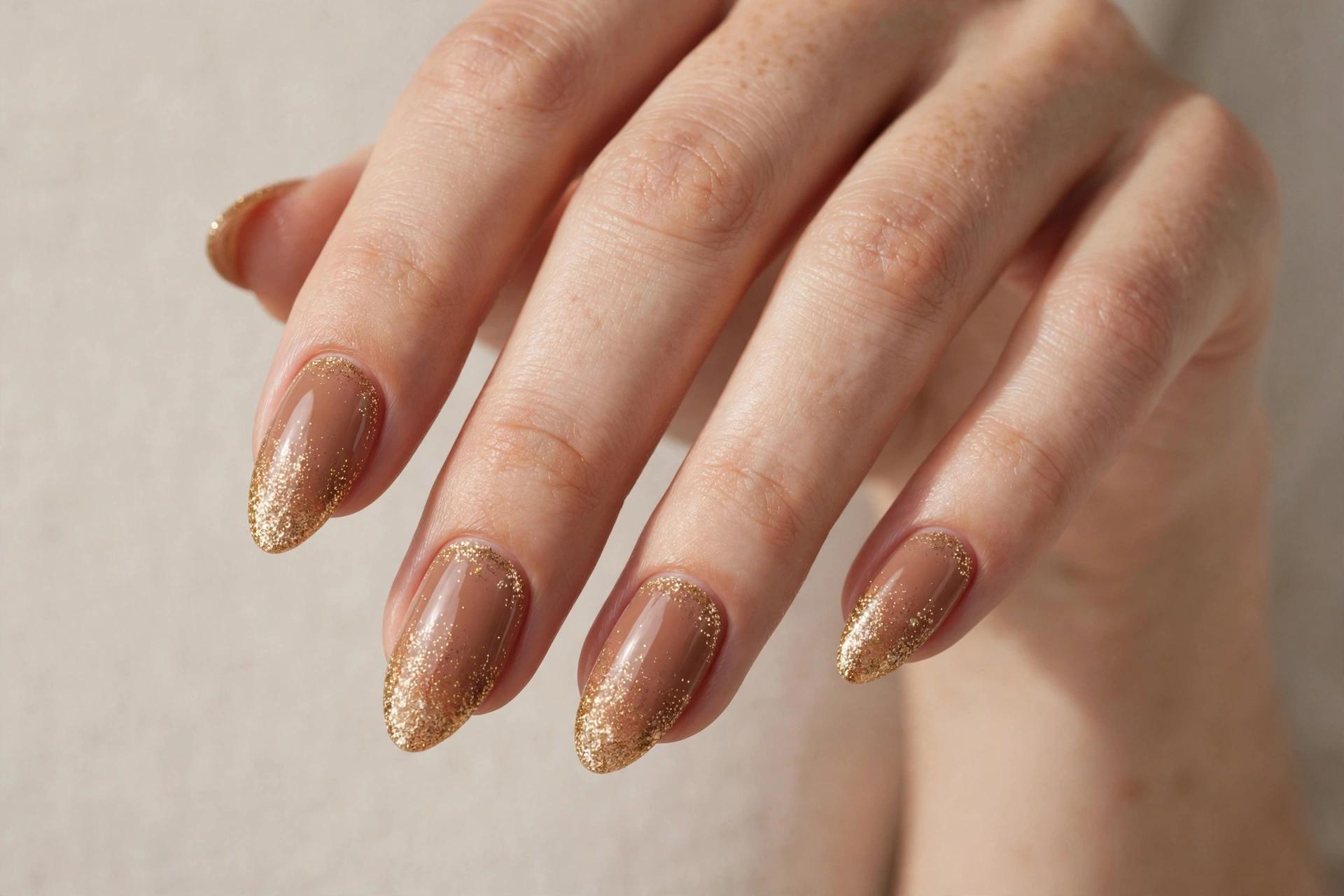 Nude brown nails with gold glitter gradient fading from the tips