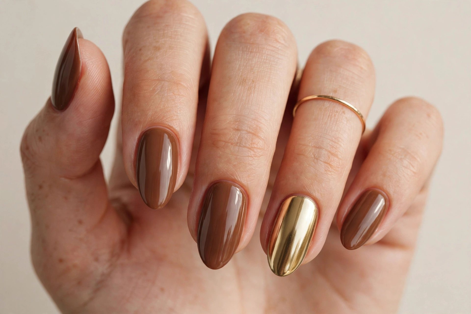 Warm brown nails with mirror-like gold chrome accent nails