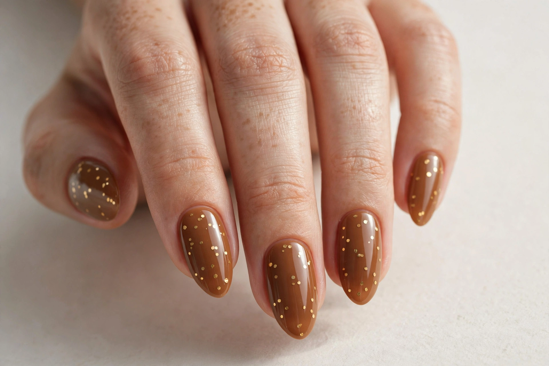Toffee caramel nails with tiny gold dot confetti details