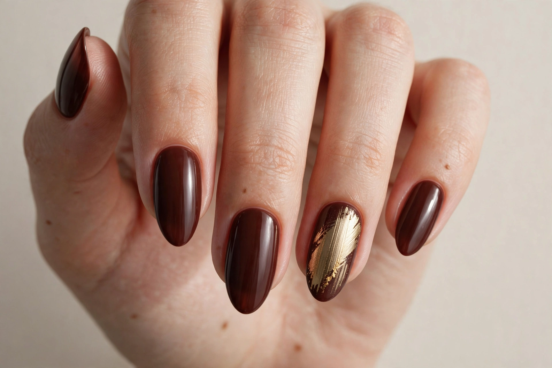 Deep mahogany brown nails with brushed gold accent nail