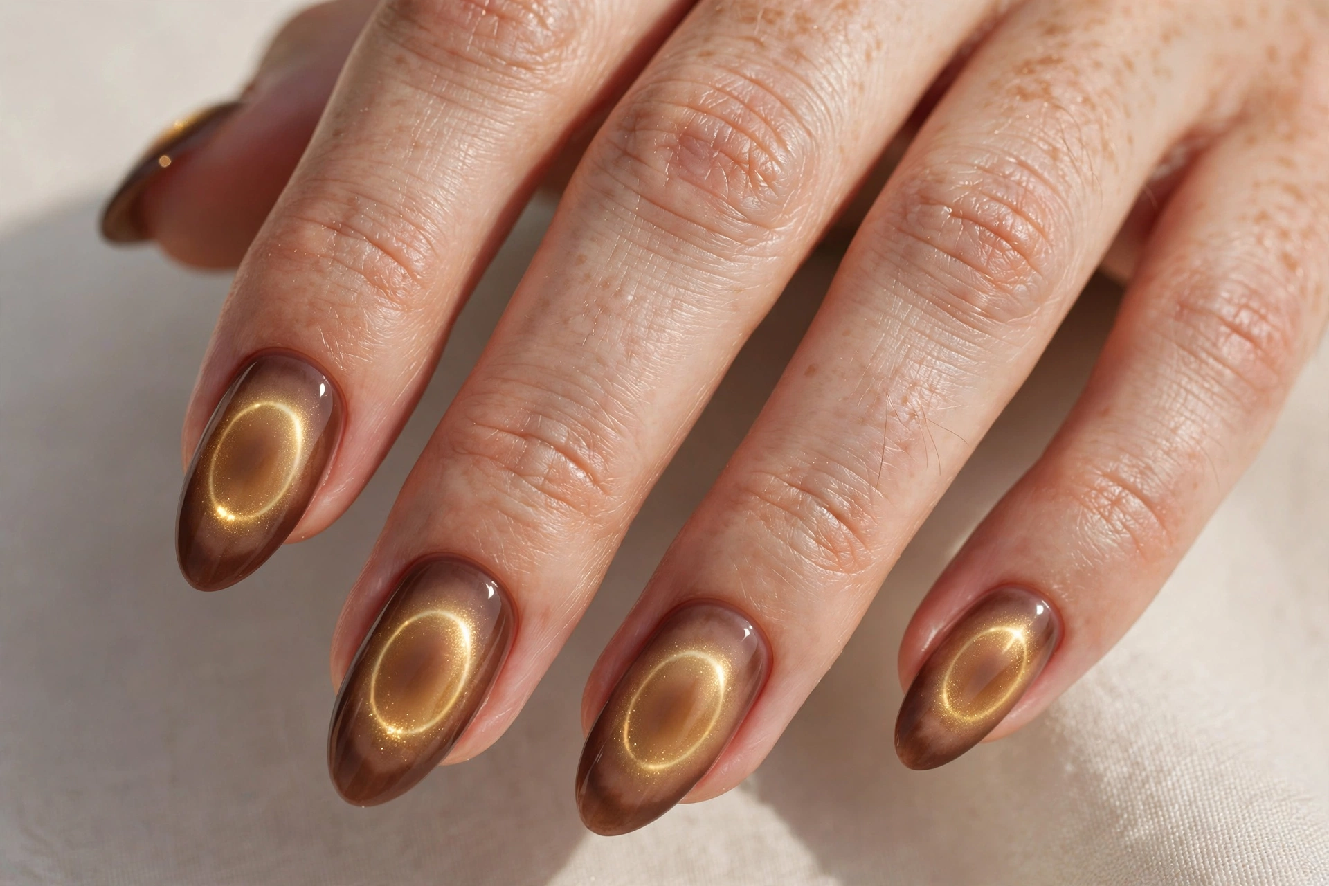 Brown aura nails with glowing gold halo in the center