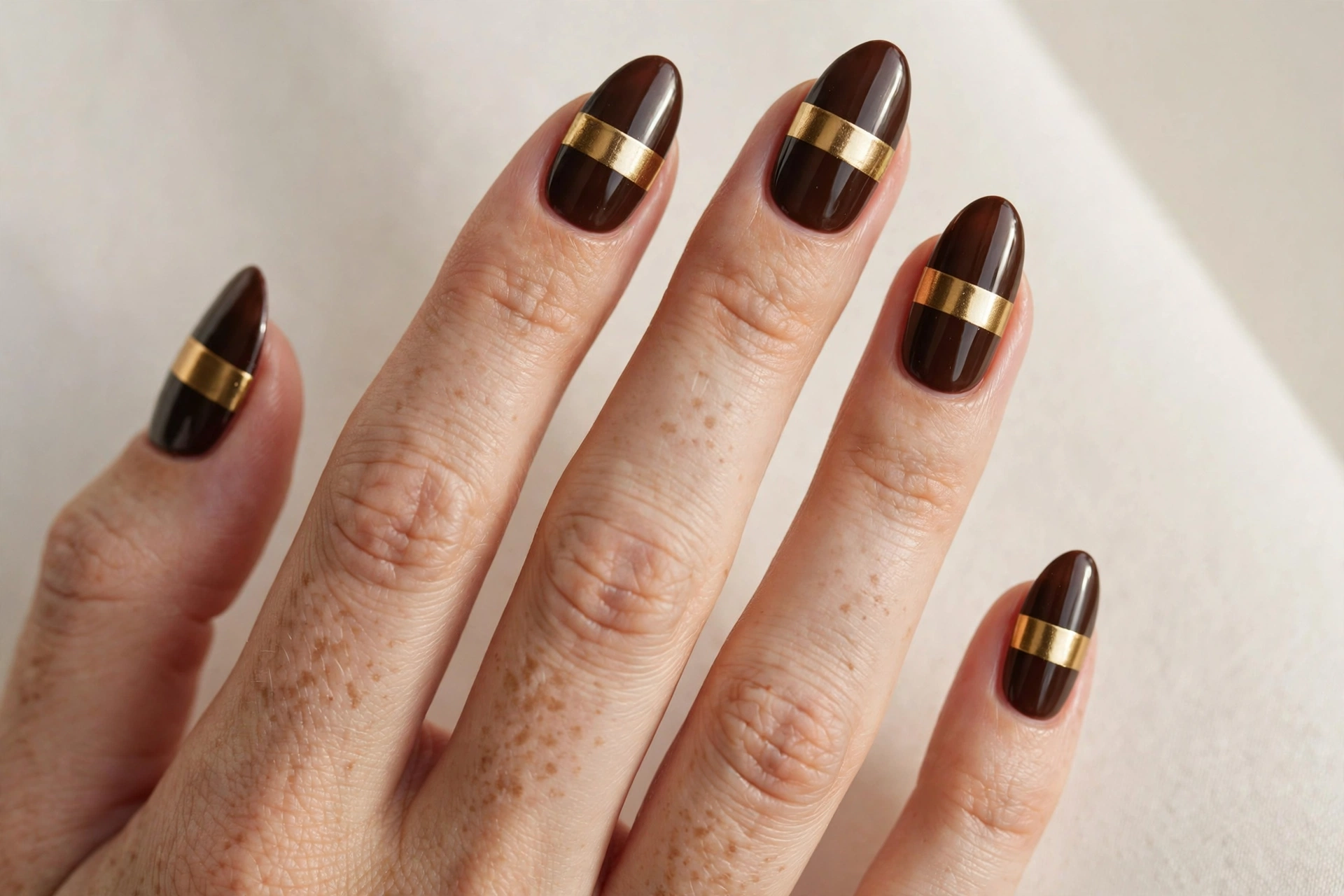 Glossy deep brown nails with a bold metallic gold band
