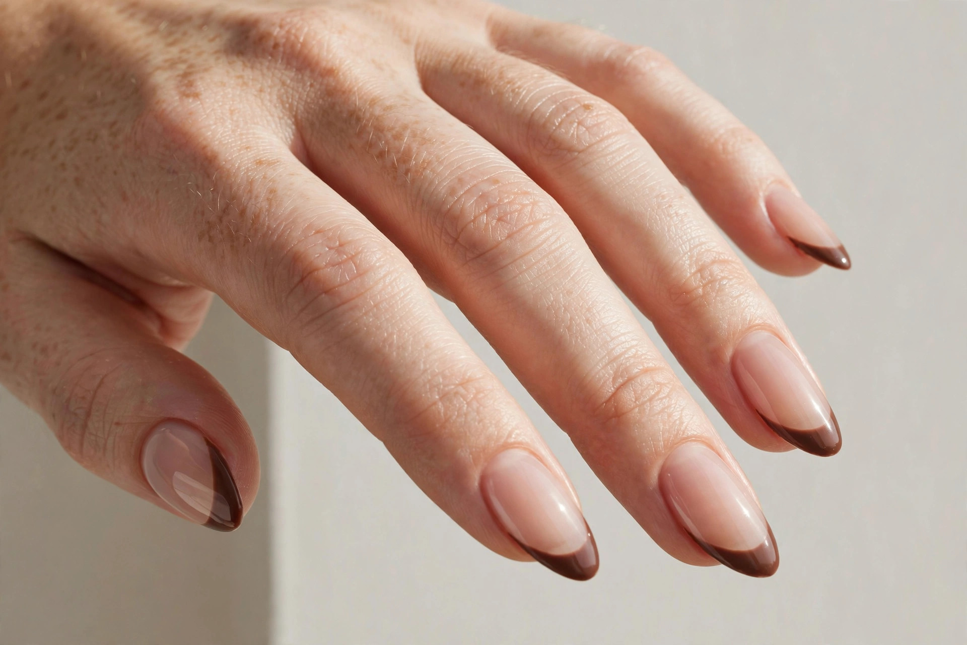 Close-up of a woman's hand with sheer nude manicure and chocolate brown French tips