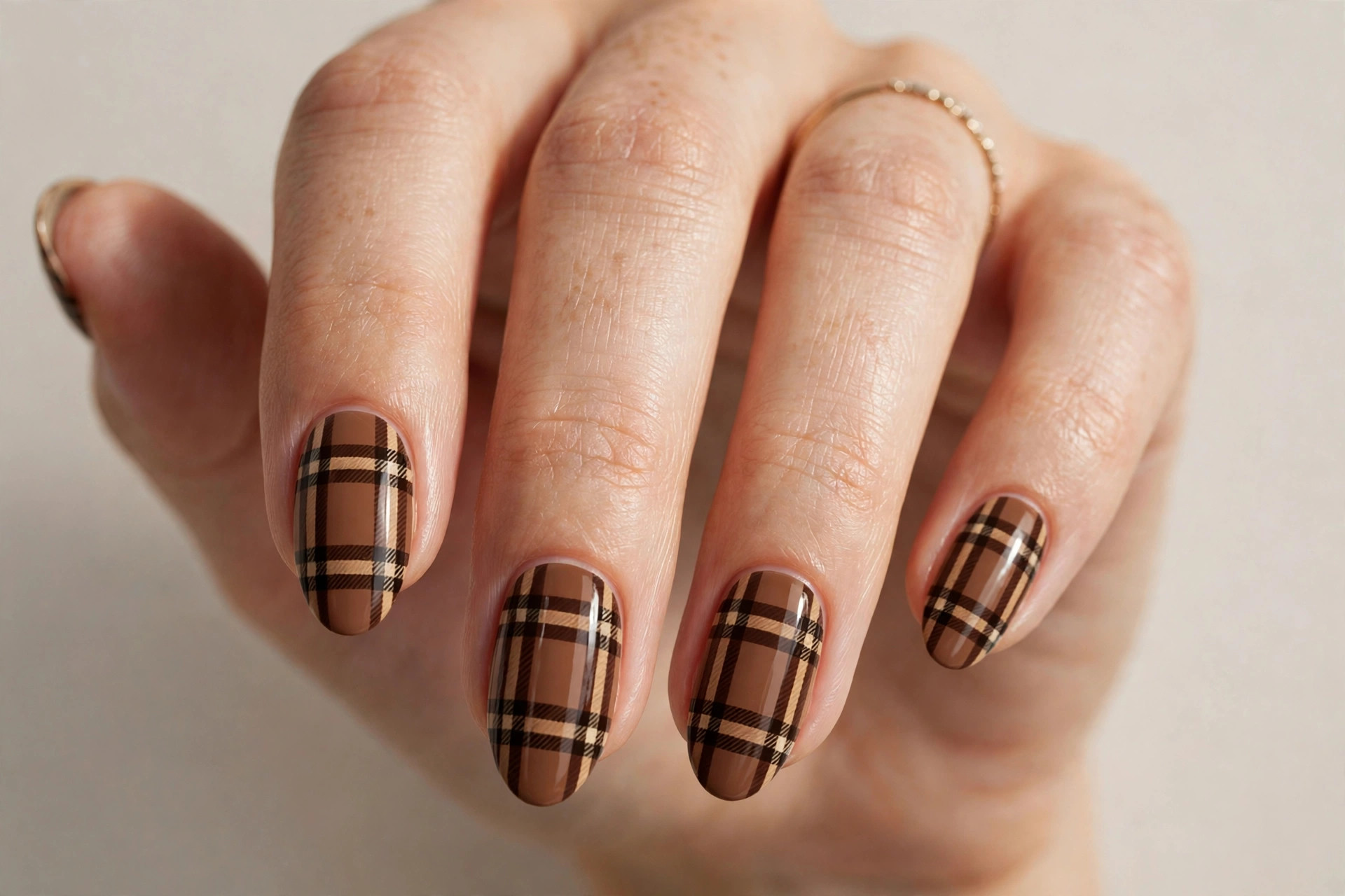 Brown plaid nail art
