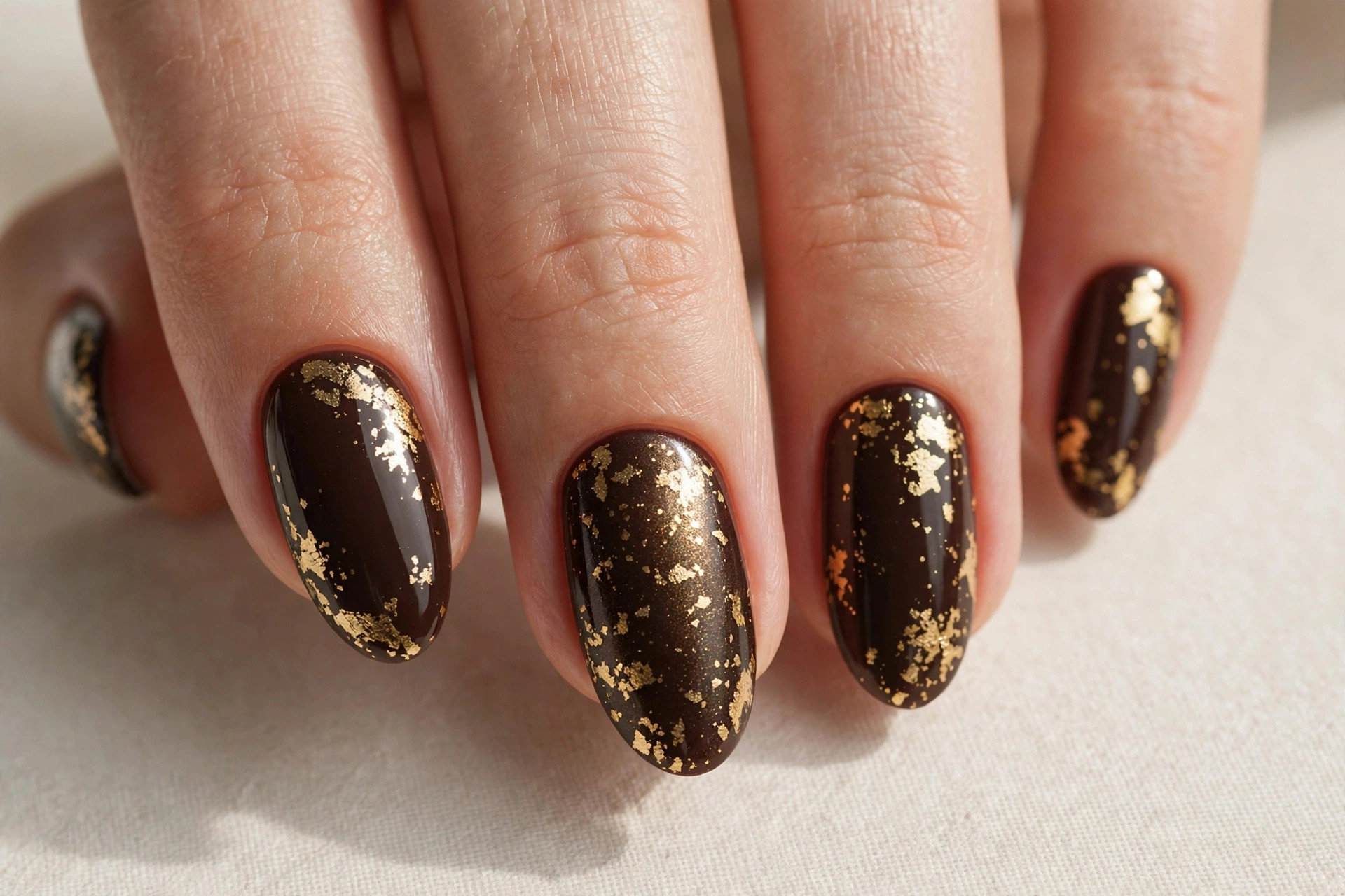 Brown nails with gold foil accents