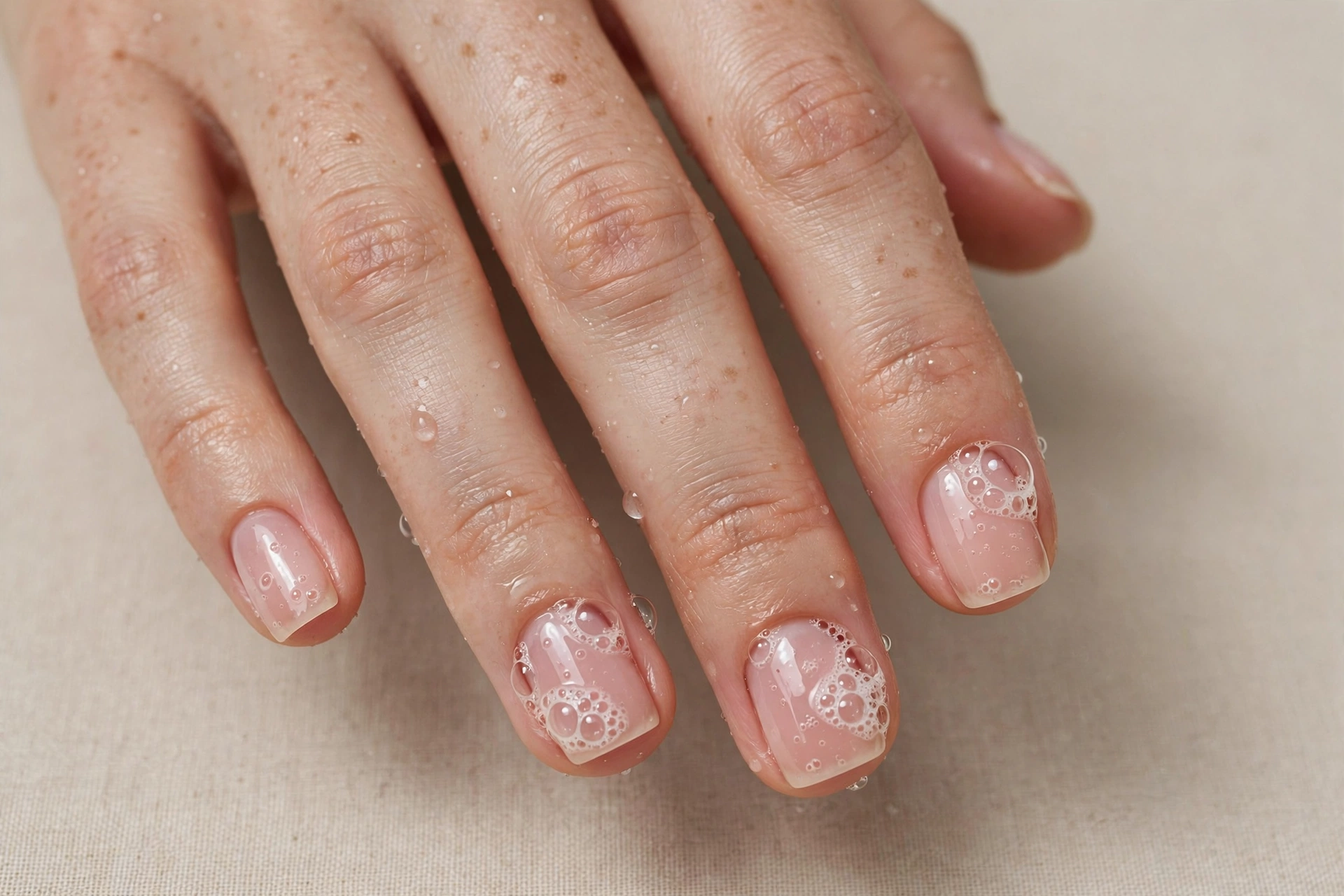 Classic sheer pink bubble bath manicure on short square nails