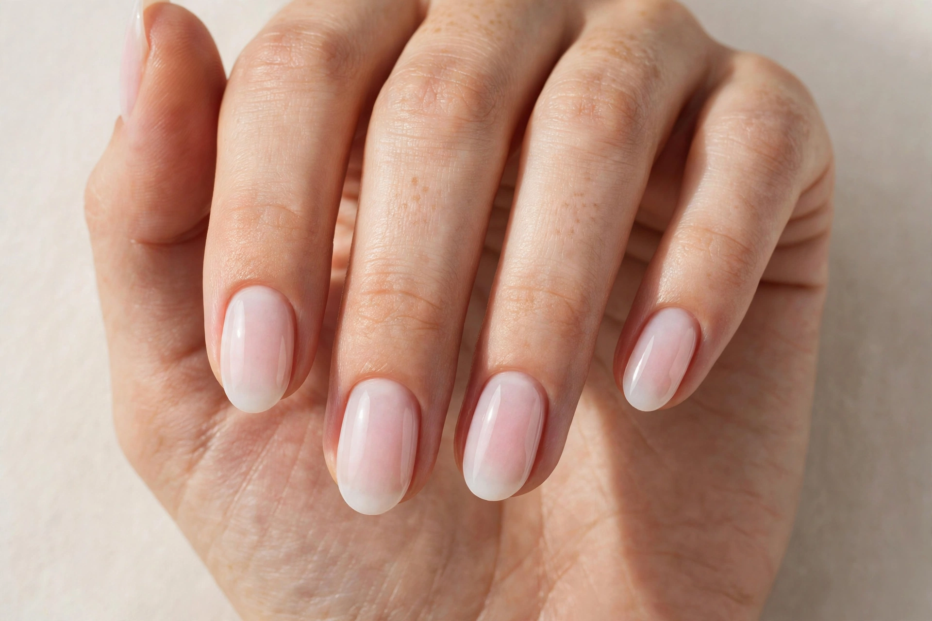 Bubble bath manicure with milky white sheer overlay on oval nails