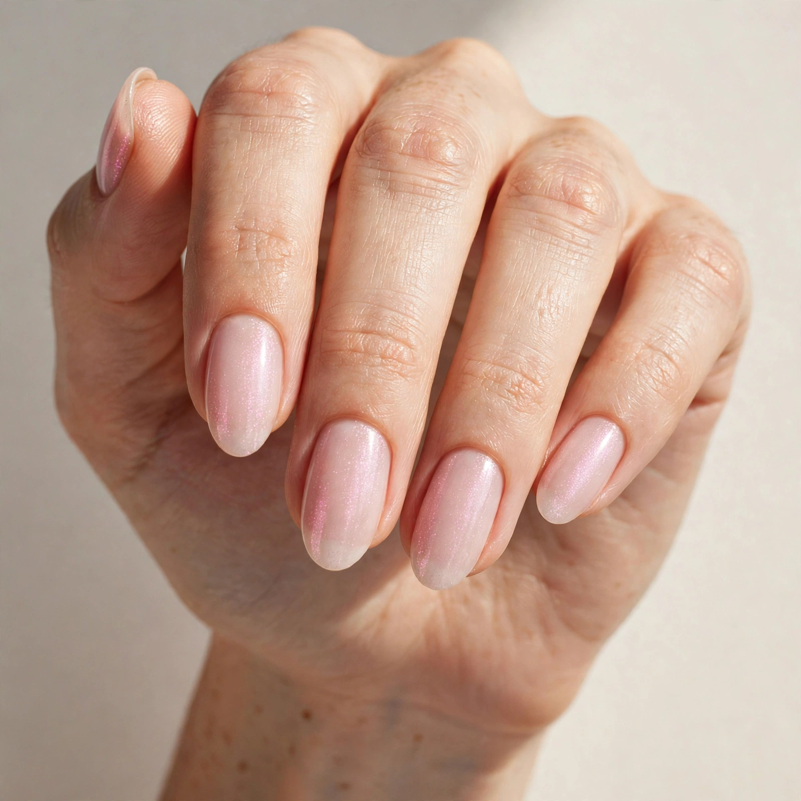 Bubble bath manicure with subtle pink shimmer on almond nails