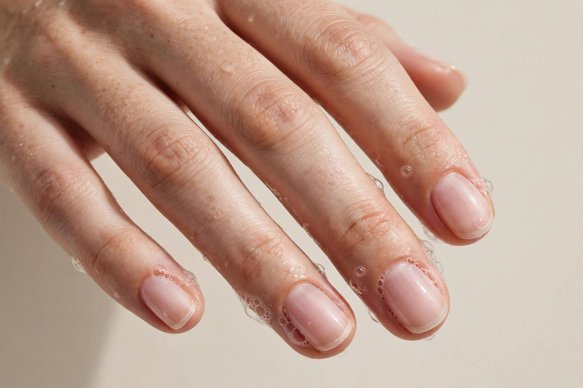 Bubble bath manicure with barely-there french tips on short oval nails
