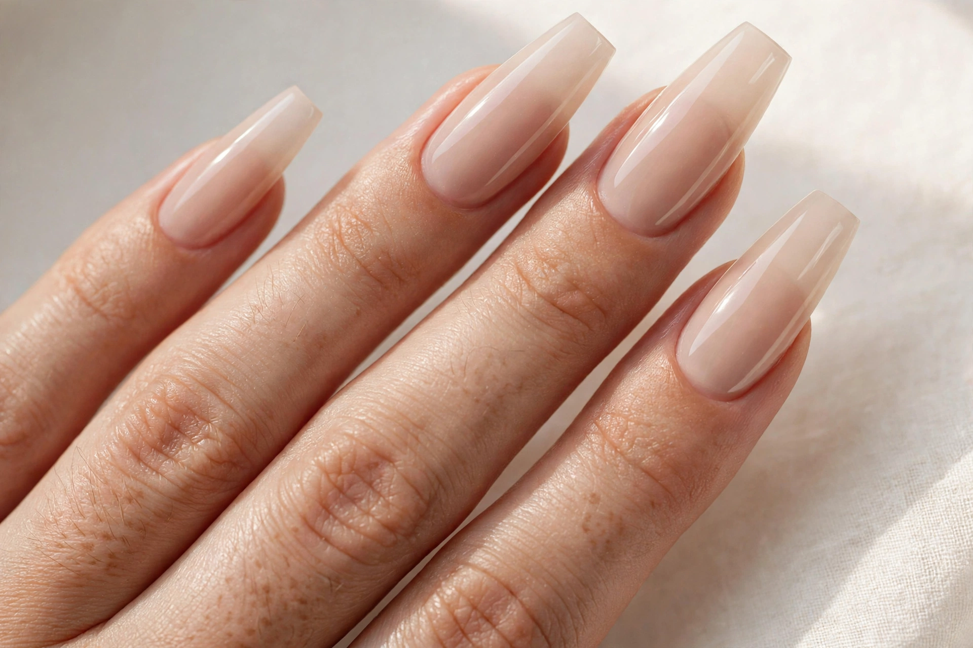 Glossy nude beige bubble bath manicure on long coffin nails