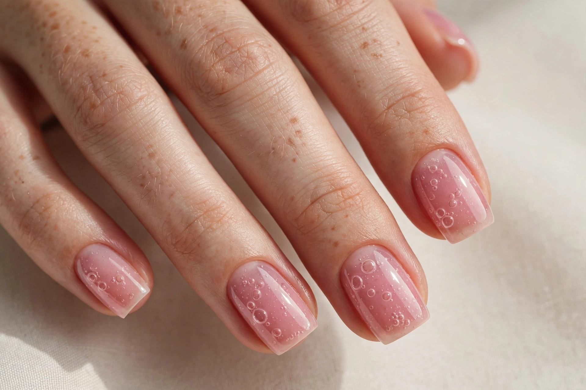 Rose pink bubble bath gel manicure with high gloss on square nails