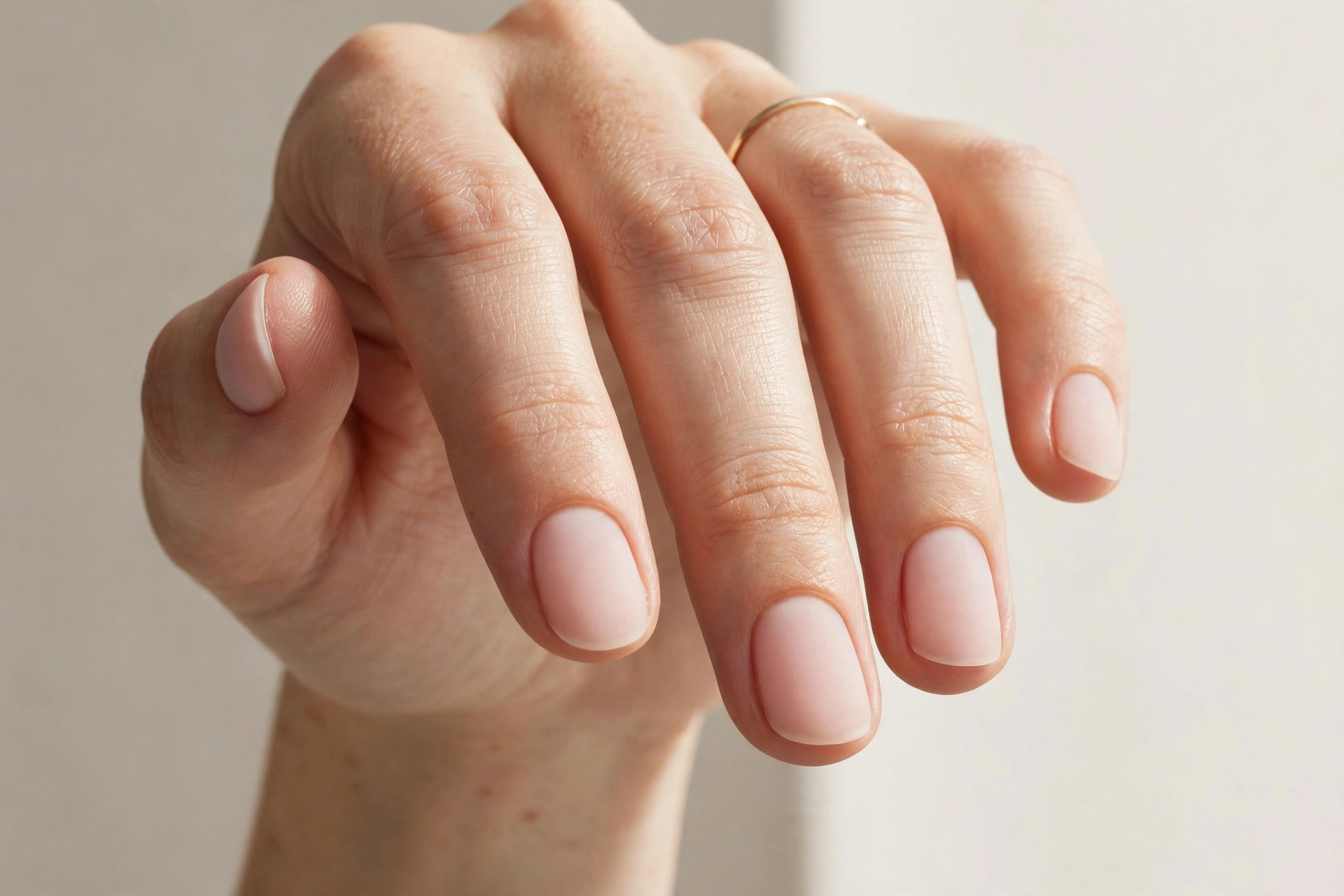 Soft matte sheer pink bubble bath manicure on short rounded nails