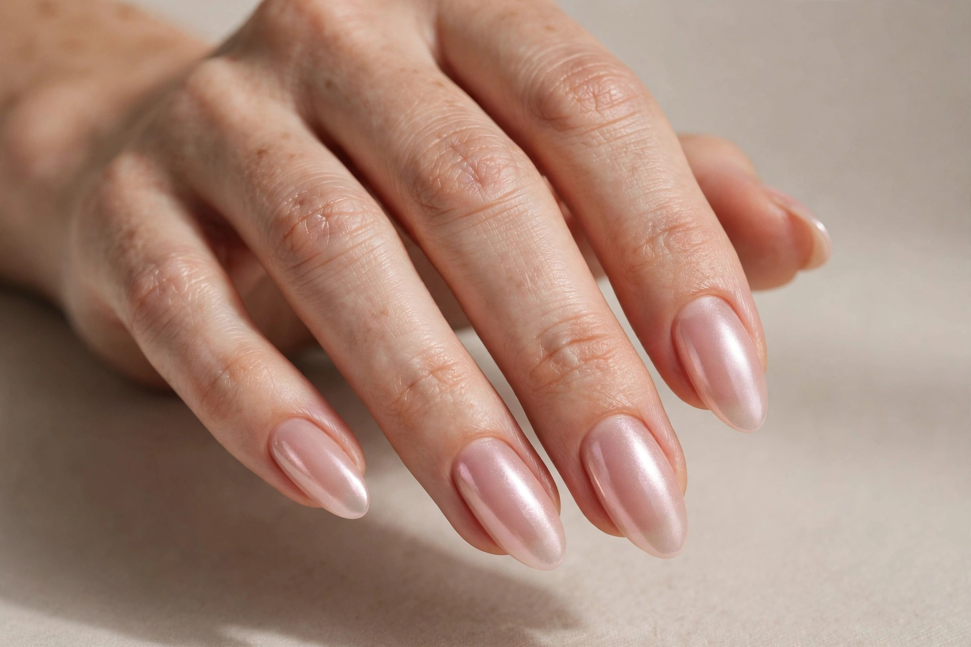 Bubble bath manicure with pearl chrome shimmer on almond nails