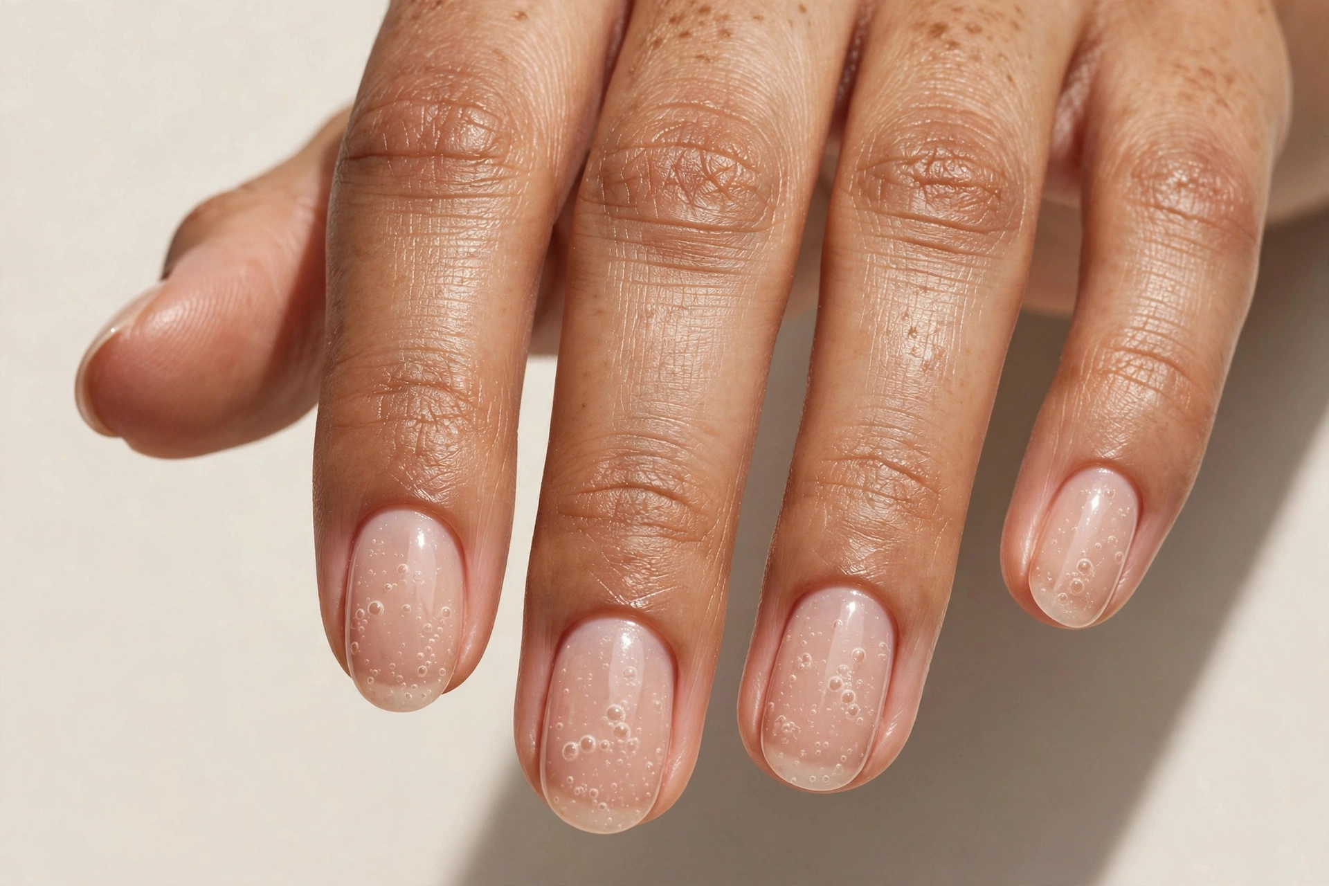 Warm nude sheer bubble bath manicure on oval nails for medium skin