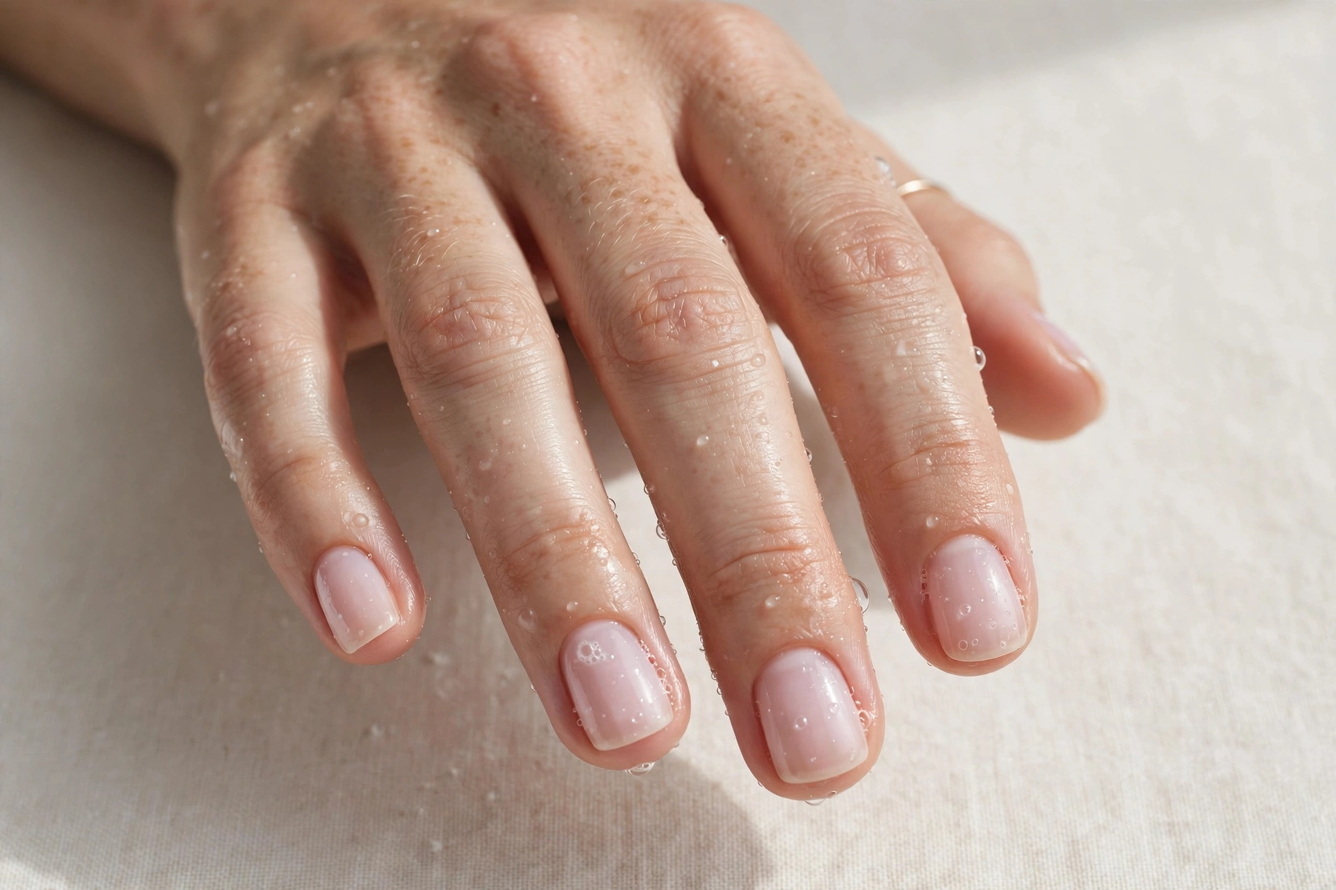 Cool pale pink bubble bath manicure on short squoval nails