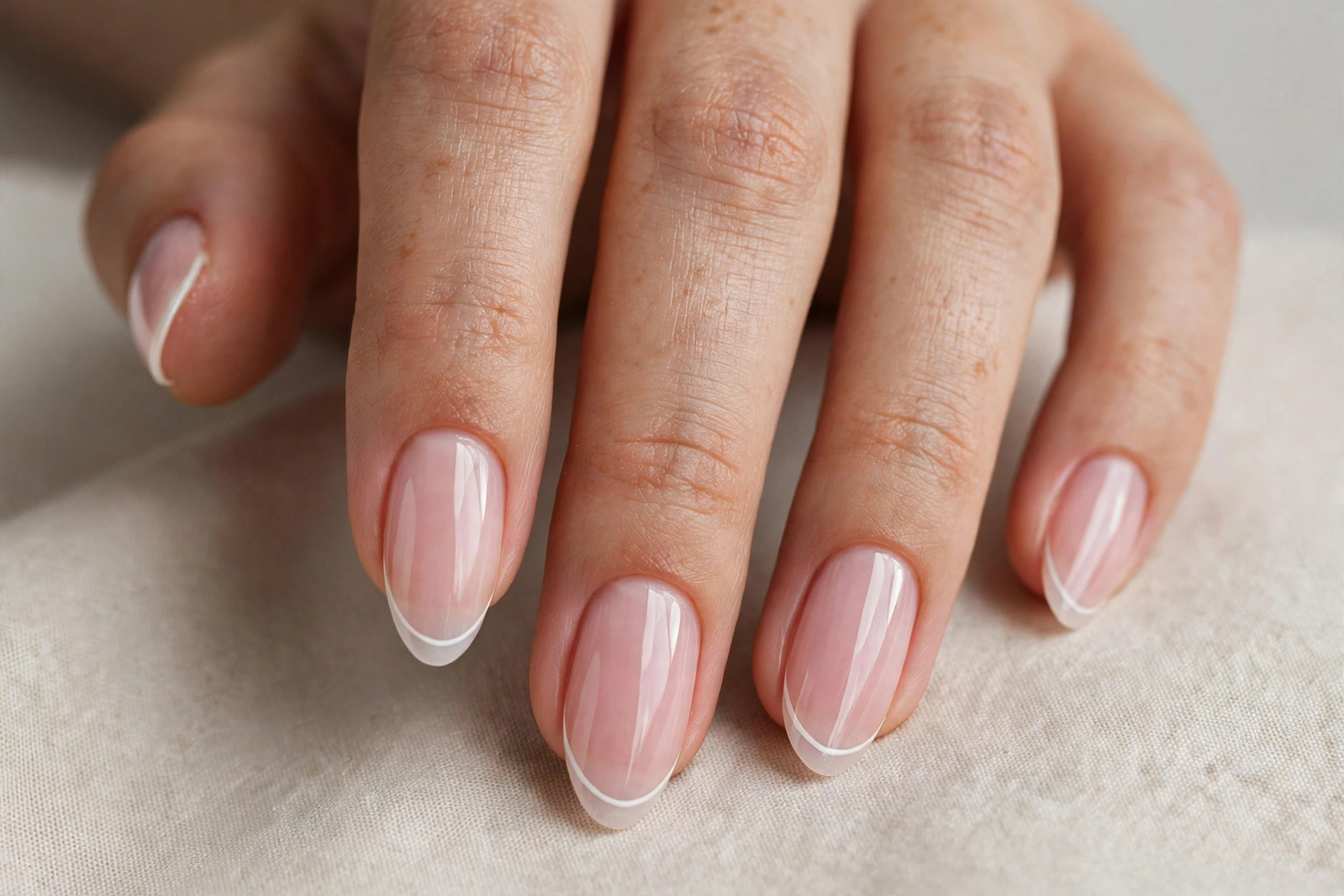Bubble bath manicure with ultra thin micro french tips on almond nails