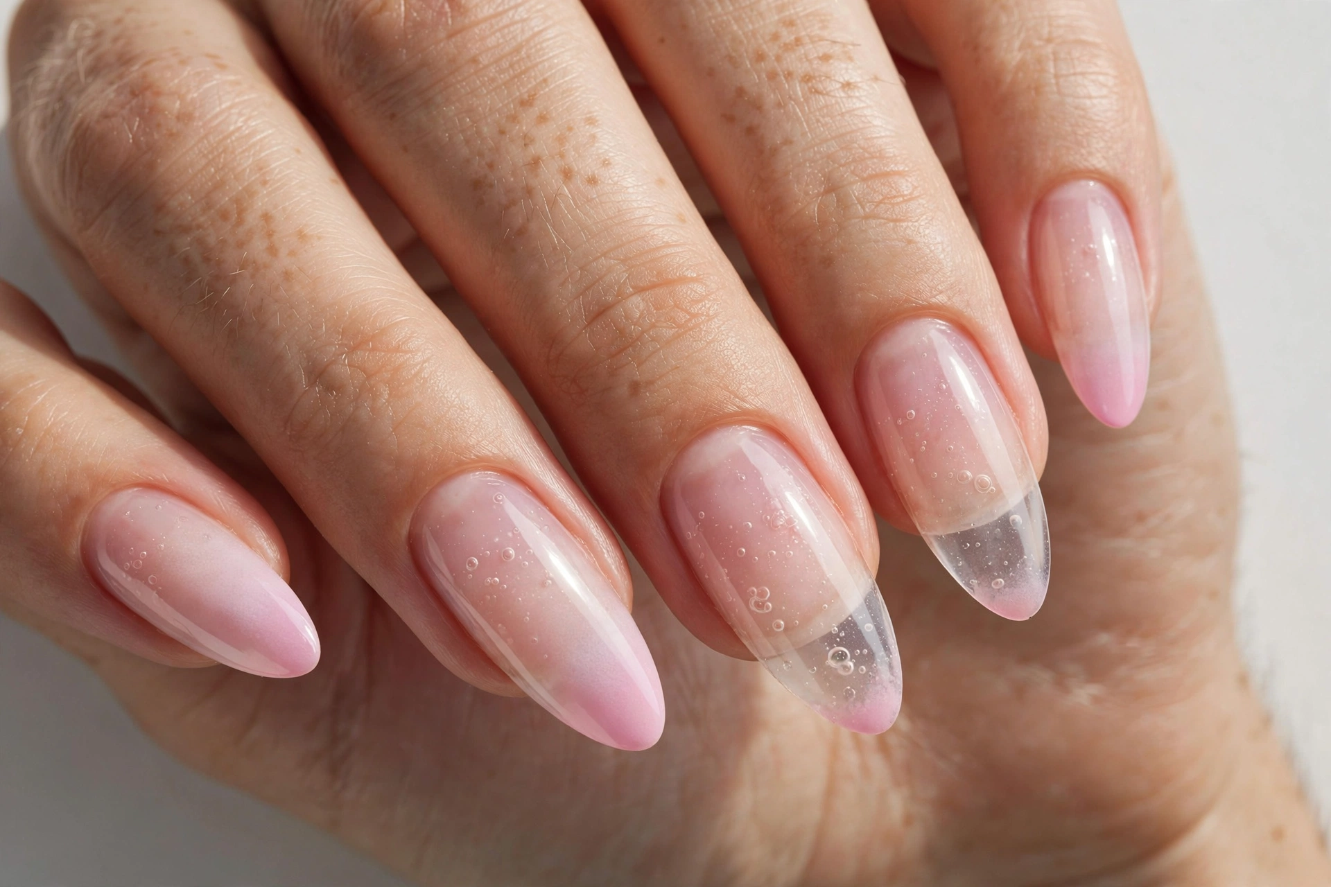 Bubble bath manicure with soft ombre fading to clear at cuticle on long almond nails