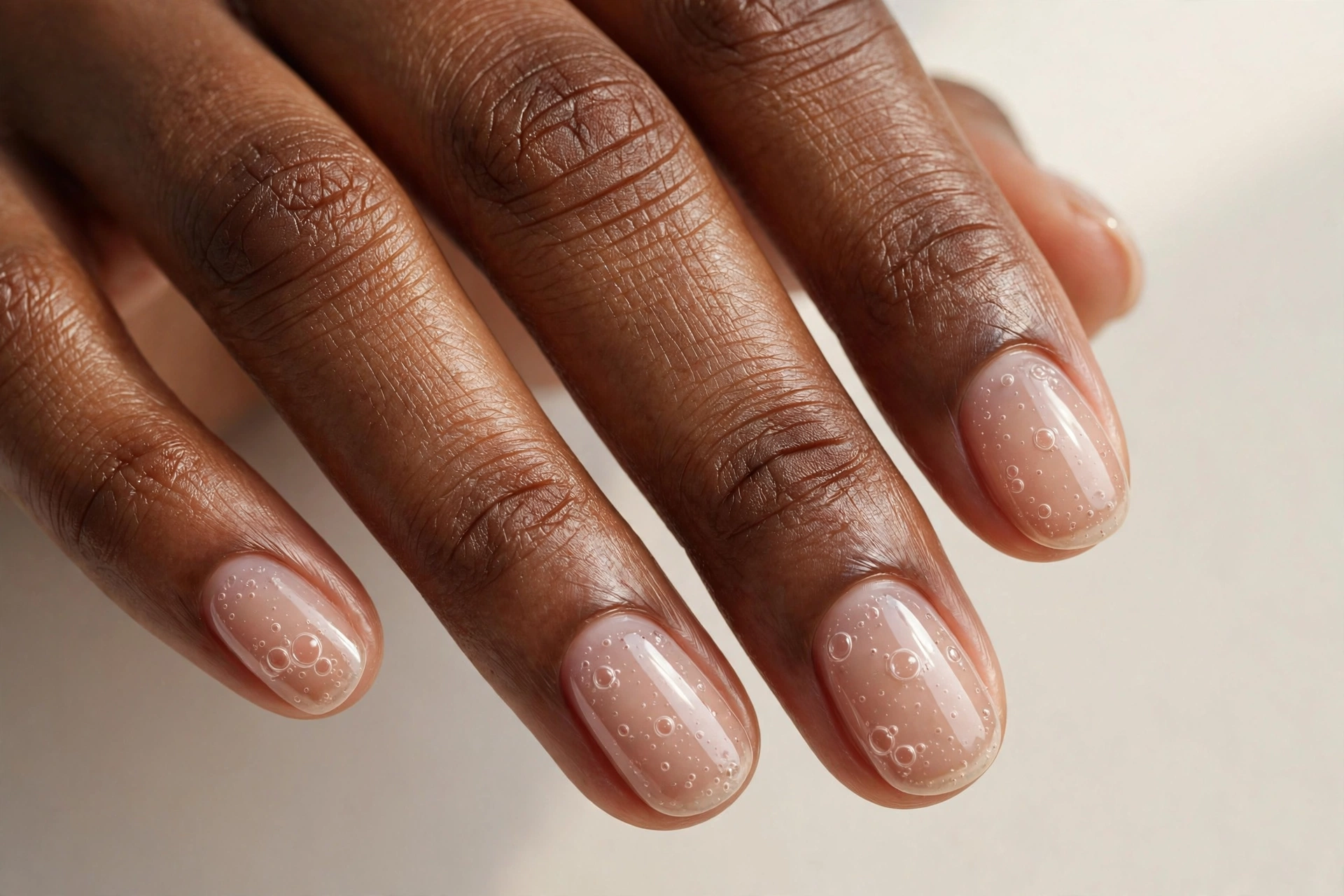 Deep nude sheer bubble bath manicure on short oval nails for dark skin