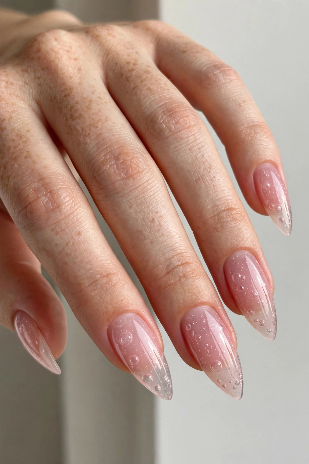 Glass-like sheer pink bubble bath manicure on medium stiletto nails