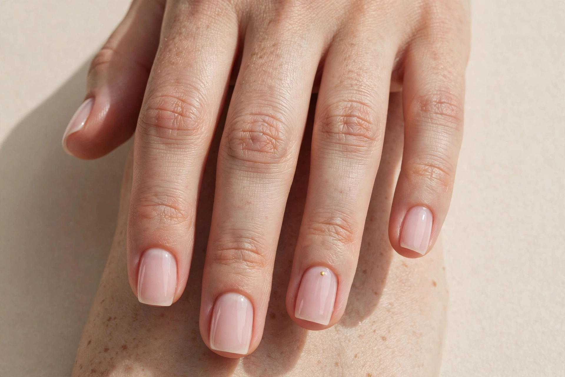 Bubble bath manicure with tiny gold dot accent on ring finger, short square nails