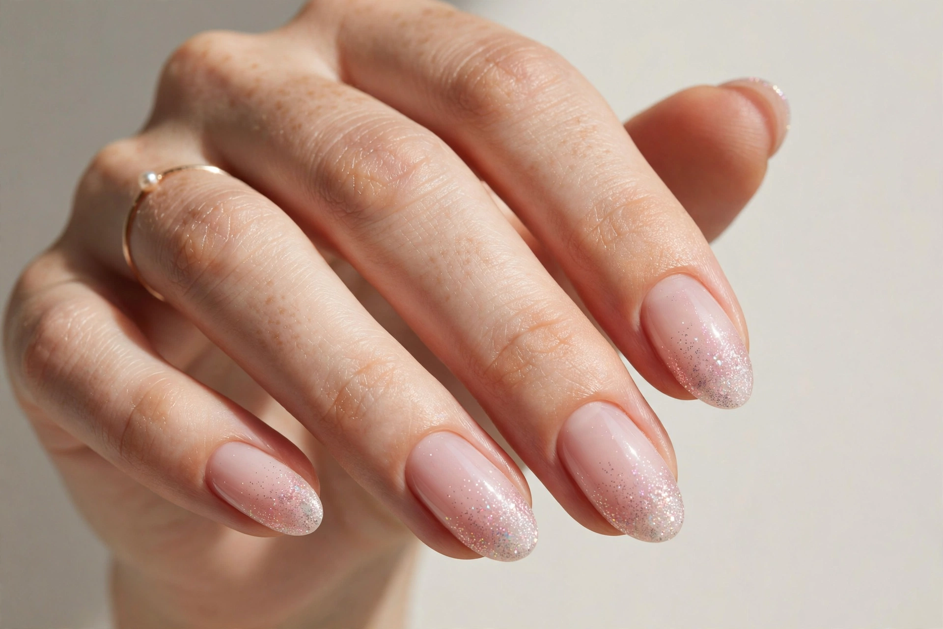 Bubble bath manicure with fine glitter gradient at tips on almond nails
