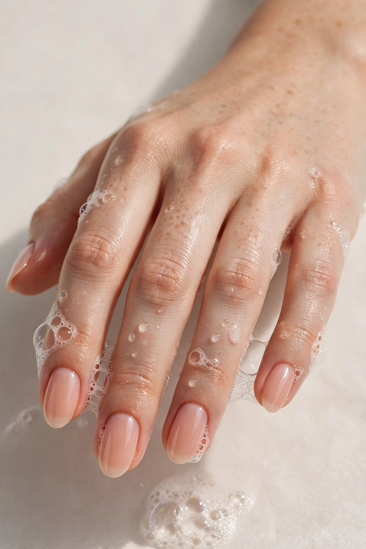 Peachy nude sheer bubble bath manicure on short almond nails