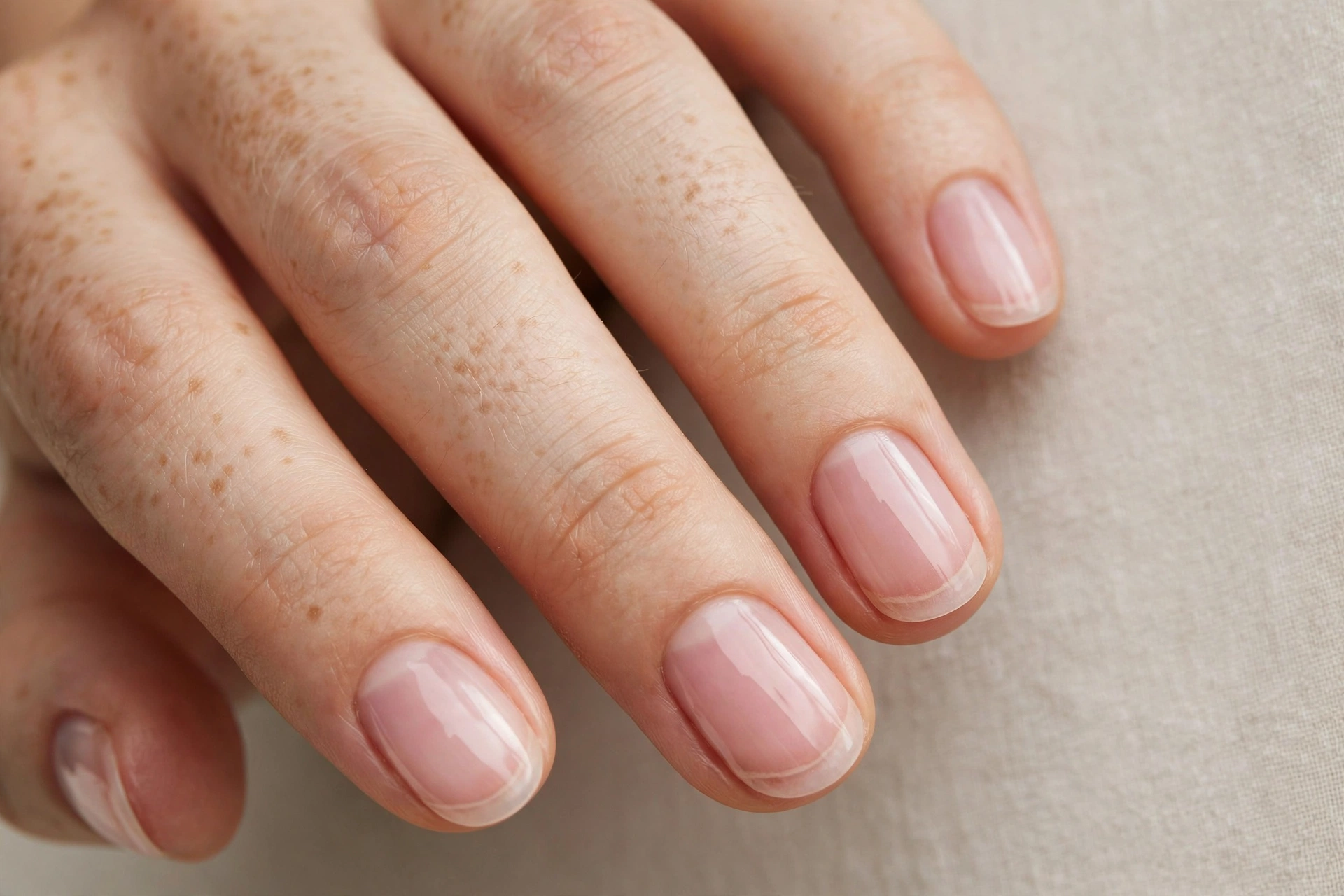 Bubble bath manicure with visible smile line on short oval nails, clean girl aesthetic