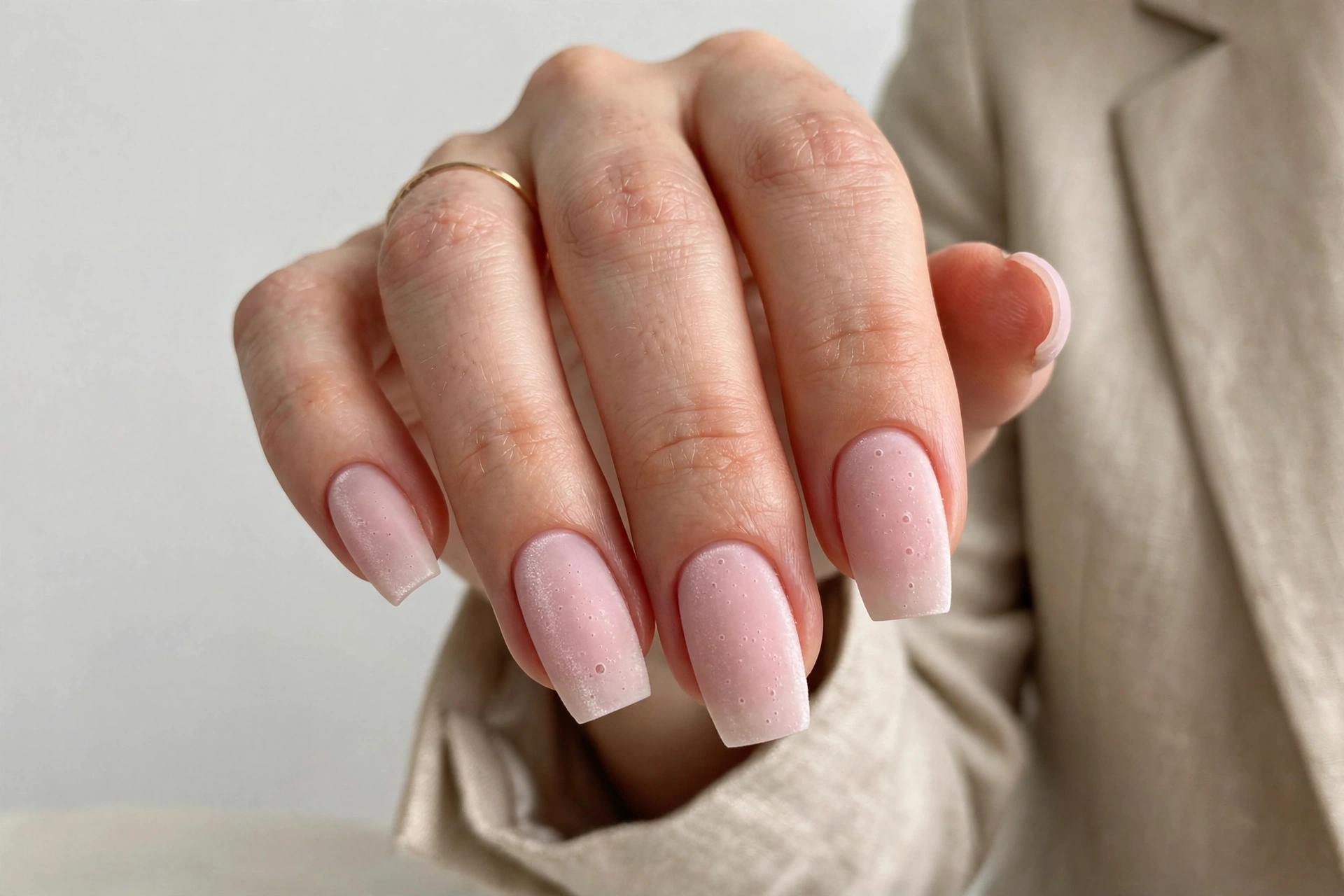 Satin velvet sheer pink bubble bath manicure on medium coffin nails