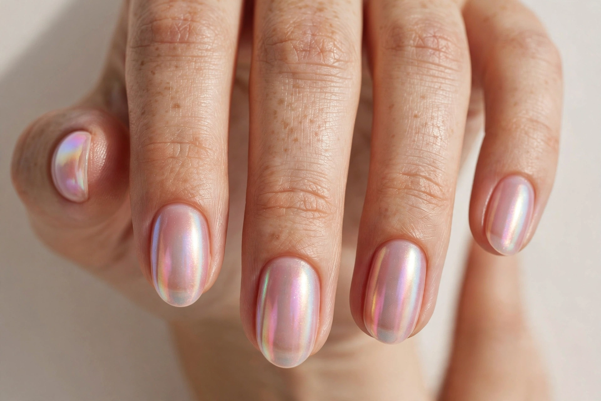 Bubble bath manicure with iridescent aurora chrome sheen on oval nails