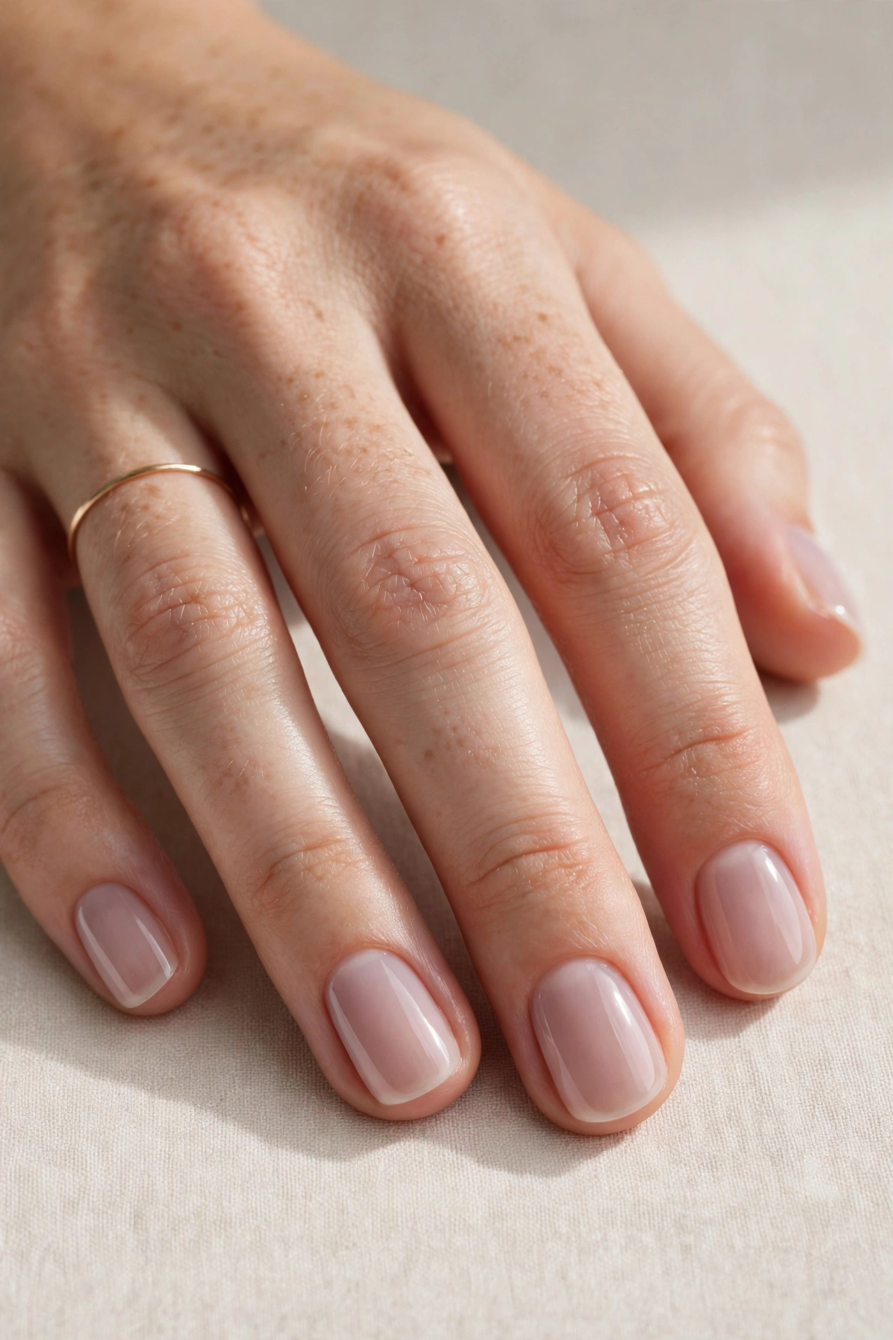 Light mauve sheer bubble bath manicure on short natural nails