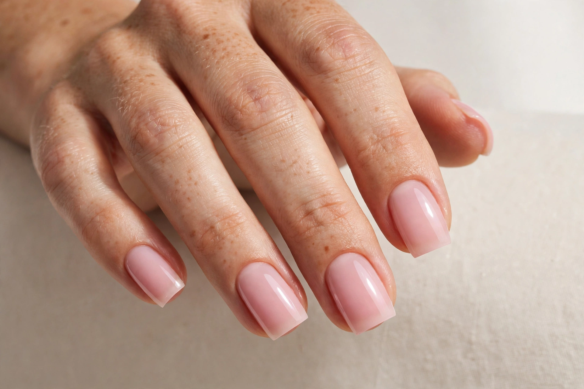 Sheer pink dip powder bubble bath manicure on medium square nails