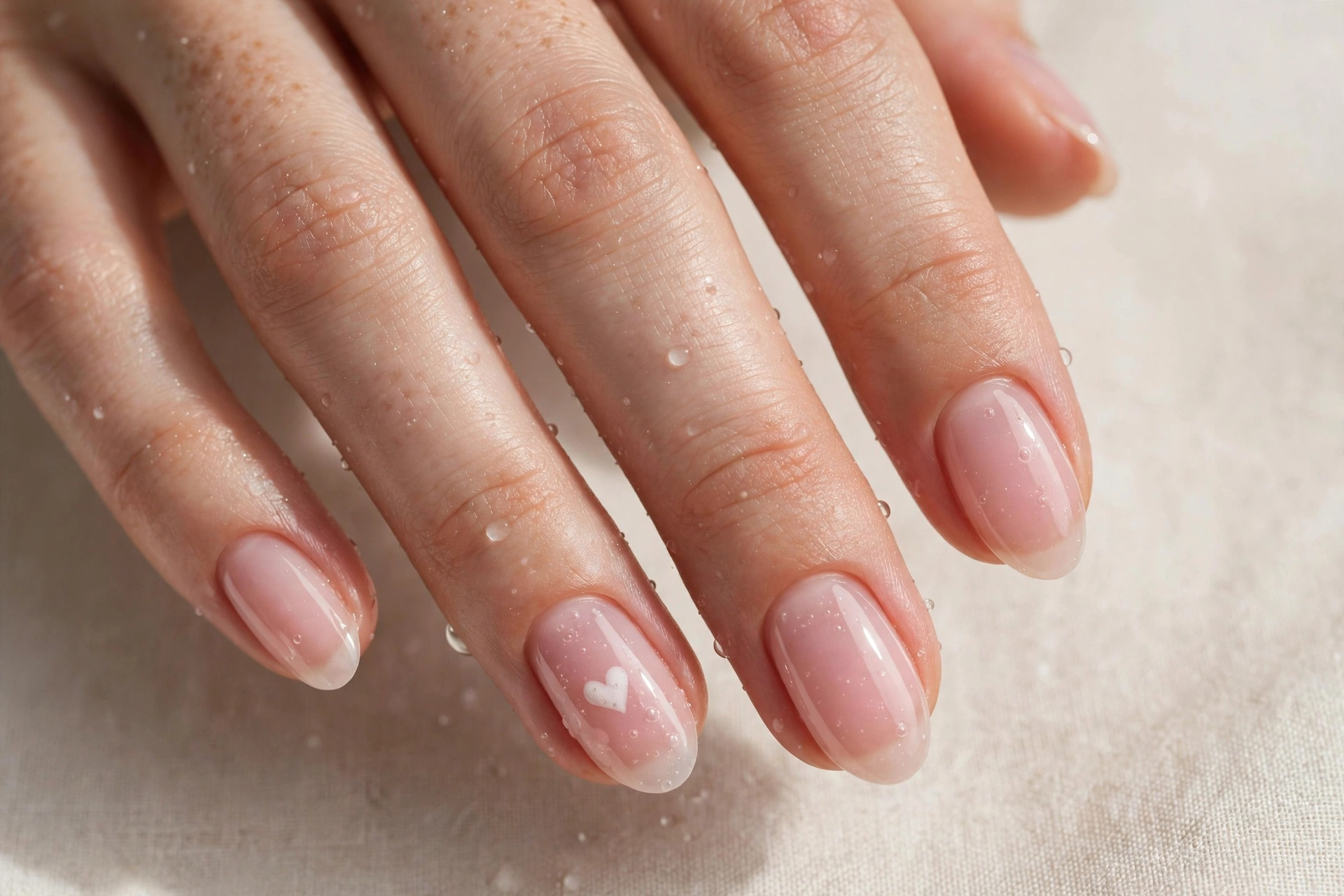 Bubble bath manicure with delicate white heart accent on one nail, almond shape