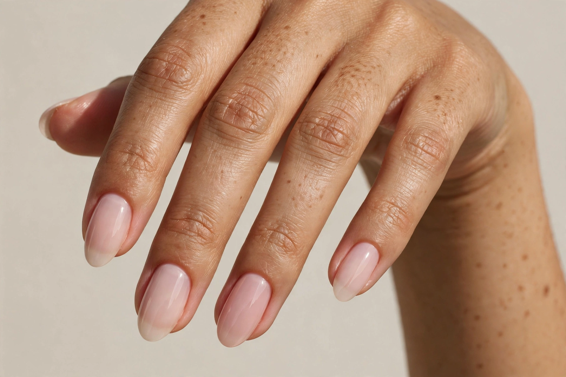 Sheer pink with beige undertone bubble bath manicure on almond nails for olive skin