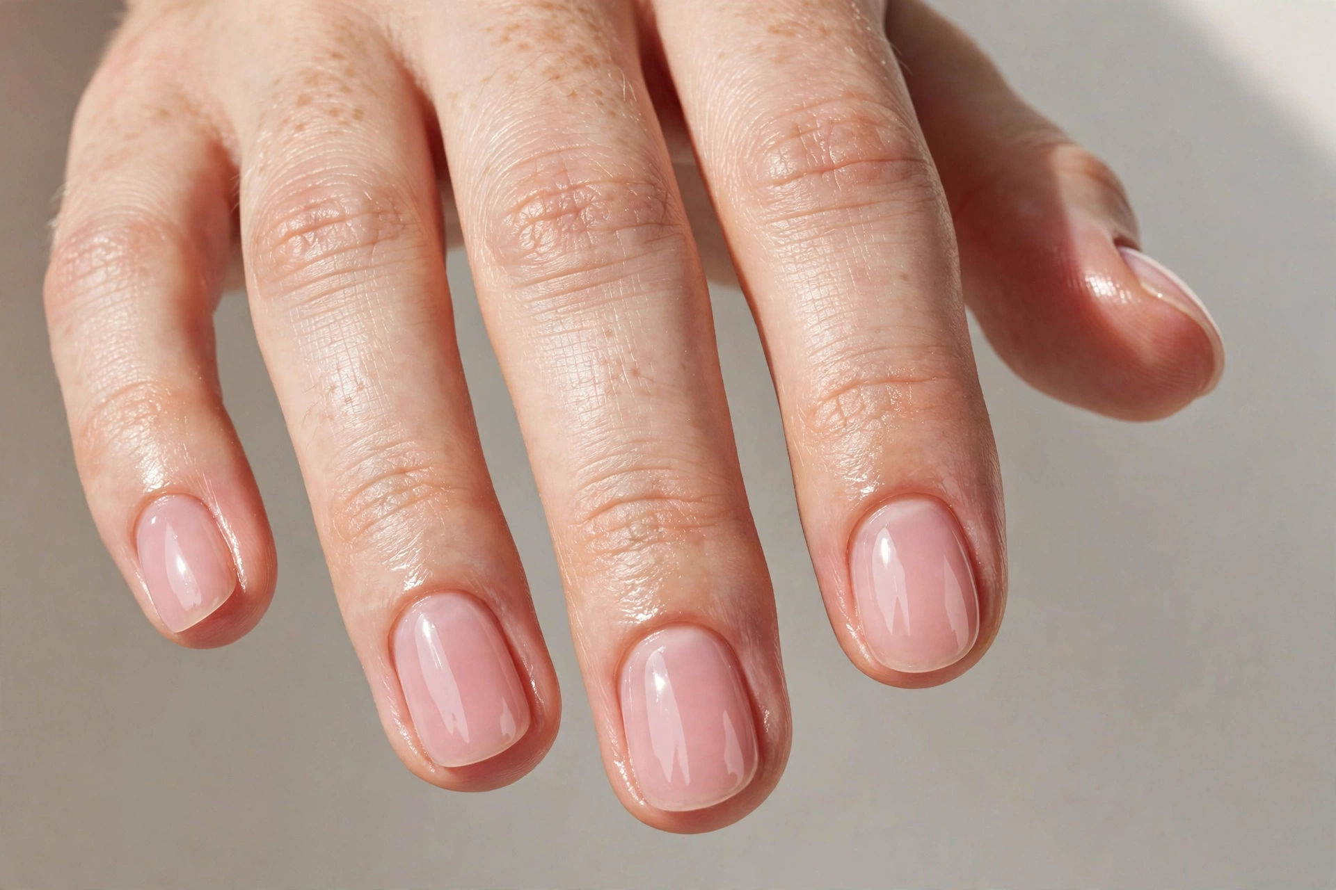 Extra glossy sheer pink bubble bath manicure with mirror shine on short oval nails