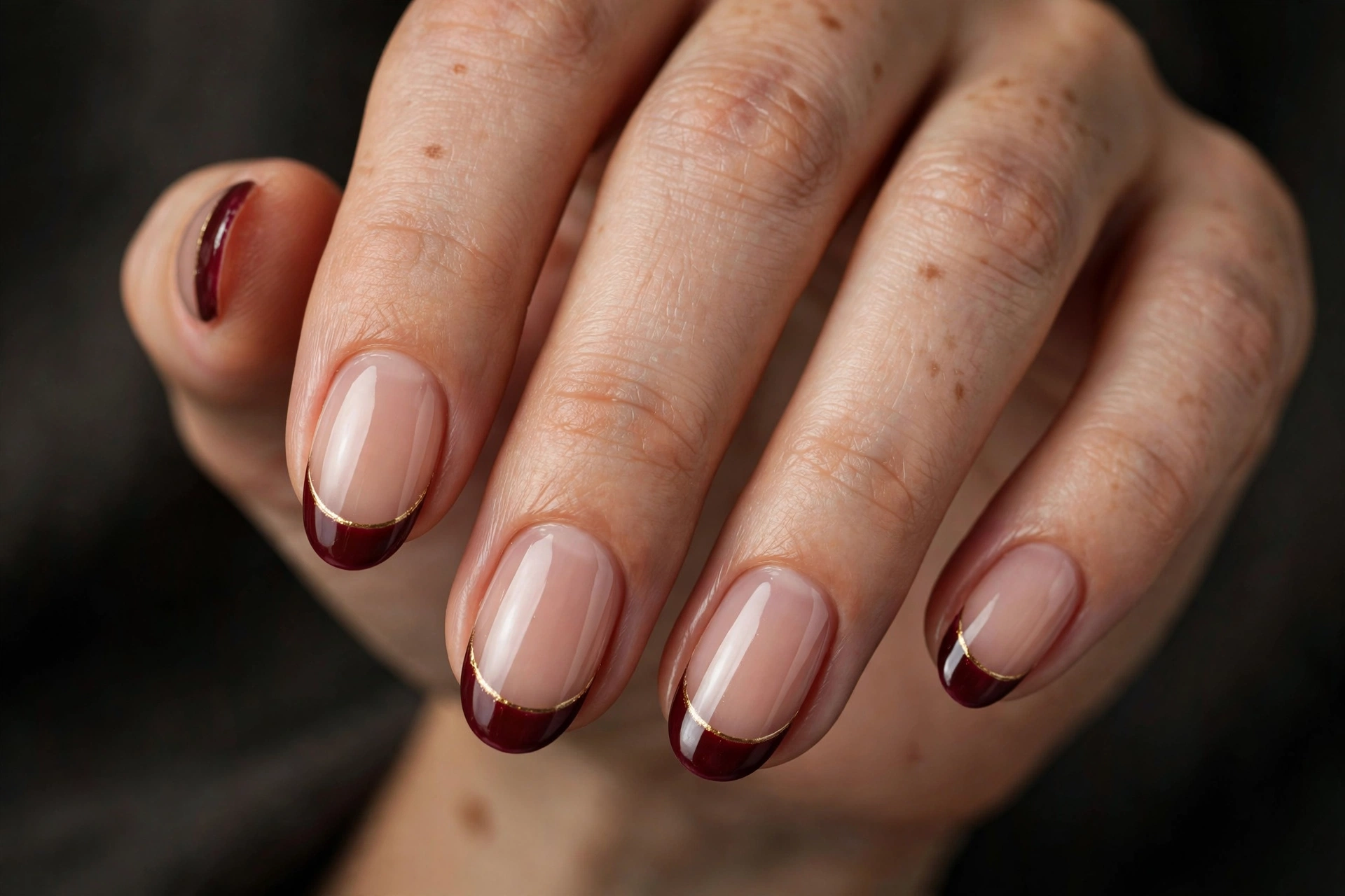 Oval nails with sheer nude base, deep burgundy French tips edged with a thin metallic gold line