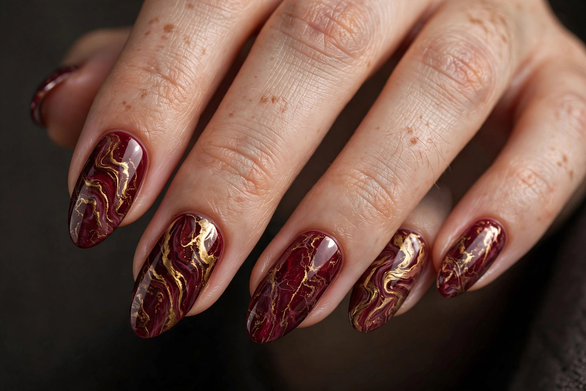 Almond nails with burgundy and gold marble swirl nail art like veined stone