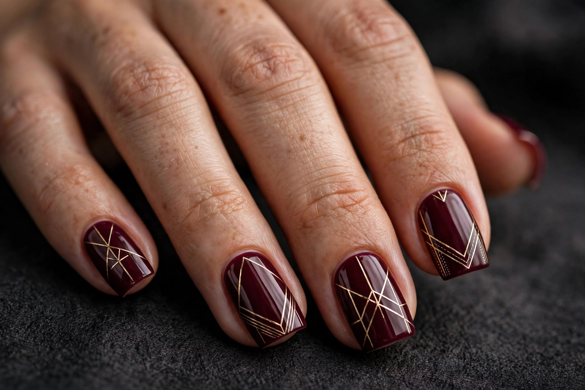 Square nails in glossy deep burgundy polish with thin geometric metallic gold line art