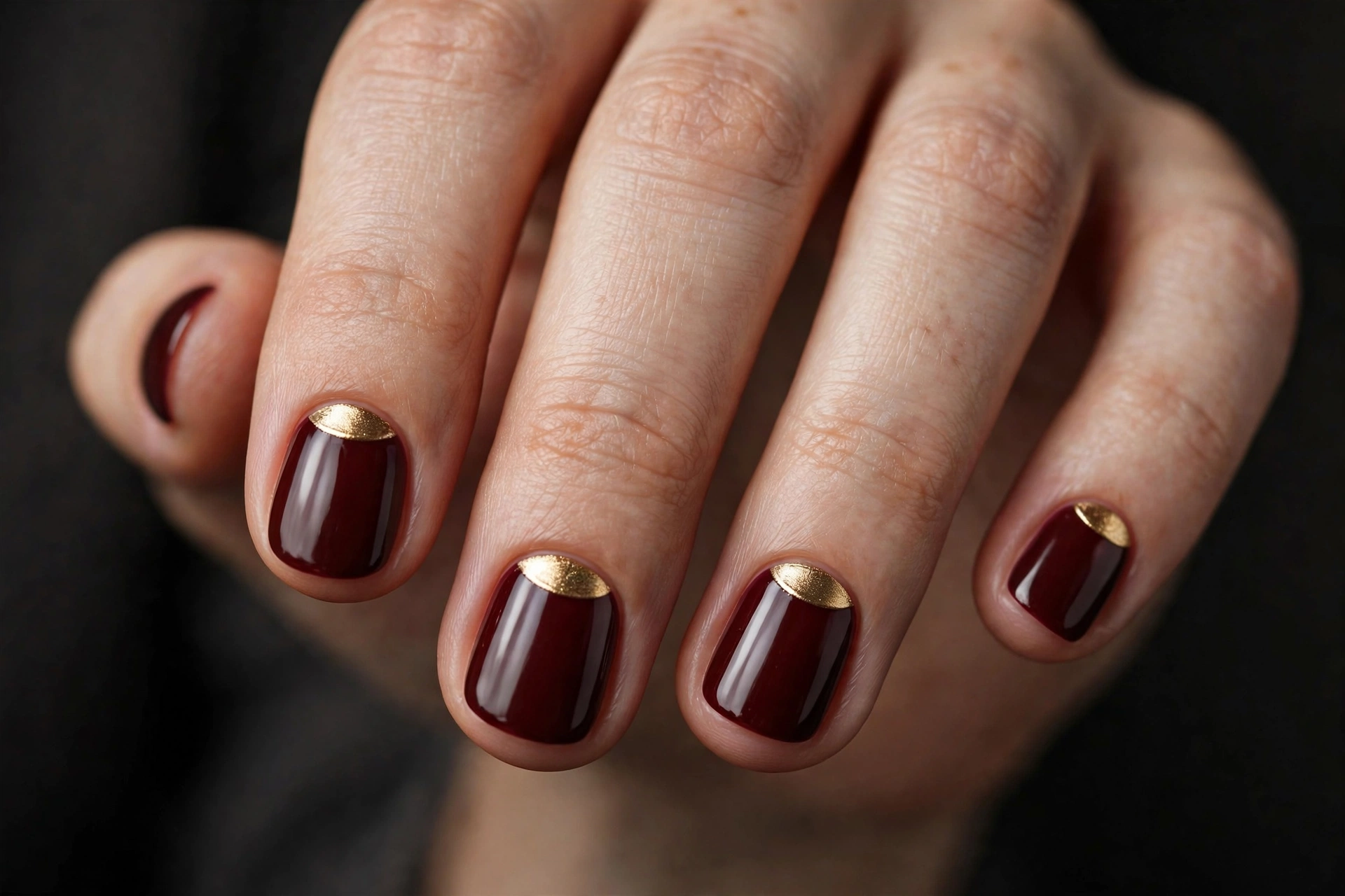 Short round nails in deep burgundy polish with metallic gold half-moon accents at the cuticles