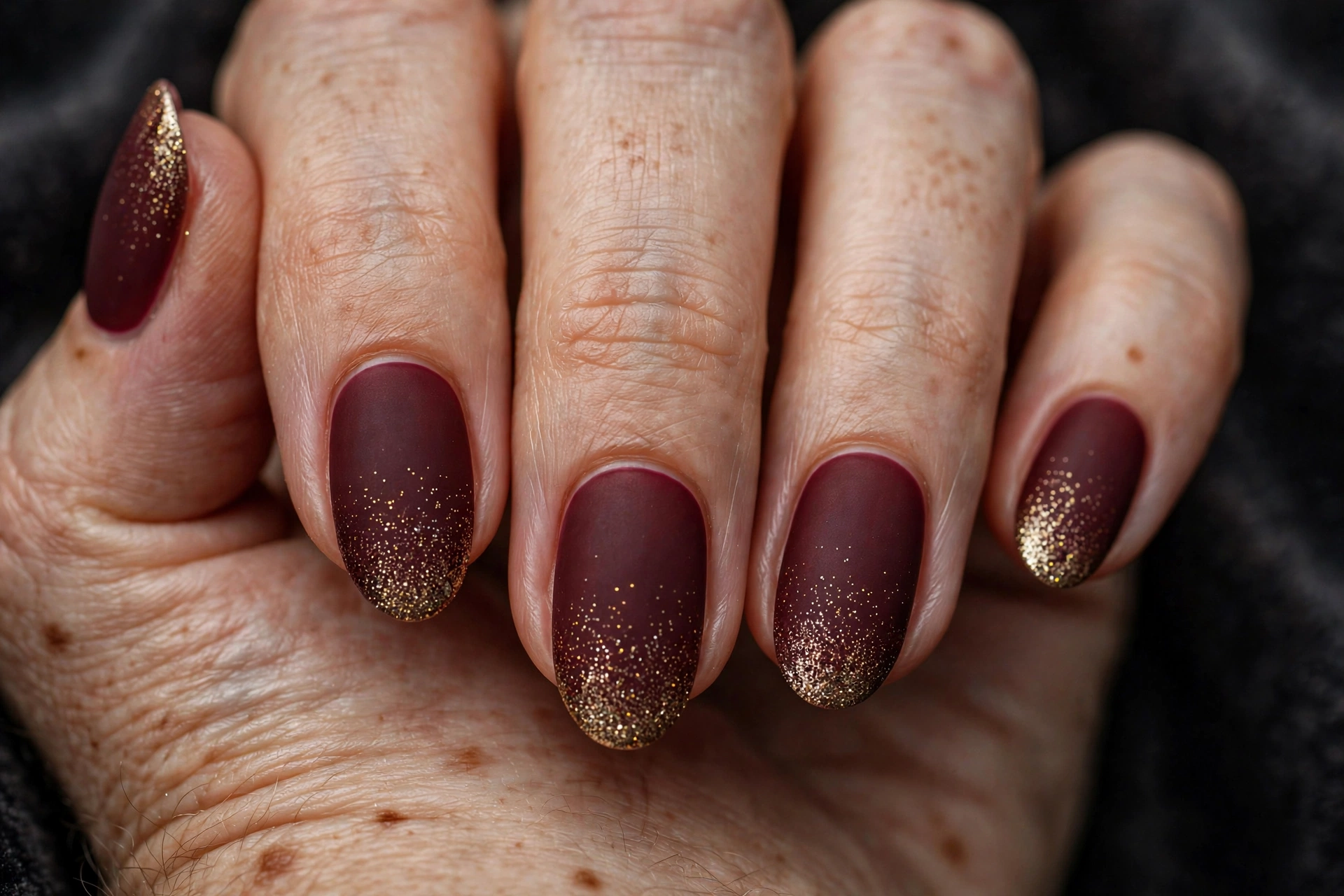 Oval nails in matte deep burgundy polish fading into fine gold micro-glitter gradient at the tips
