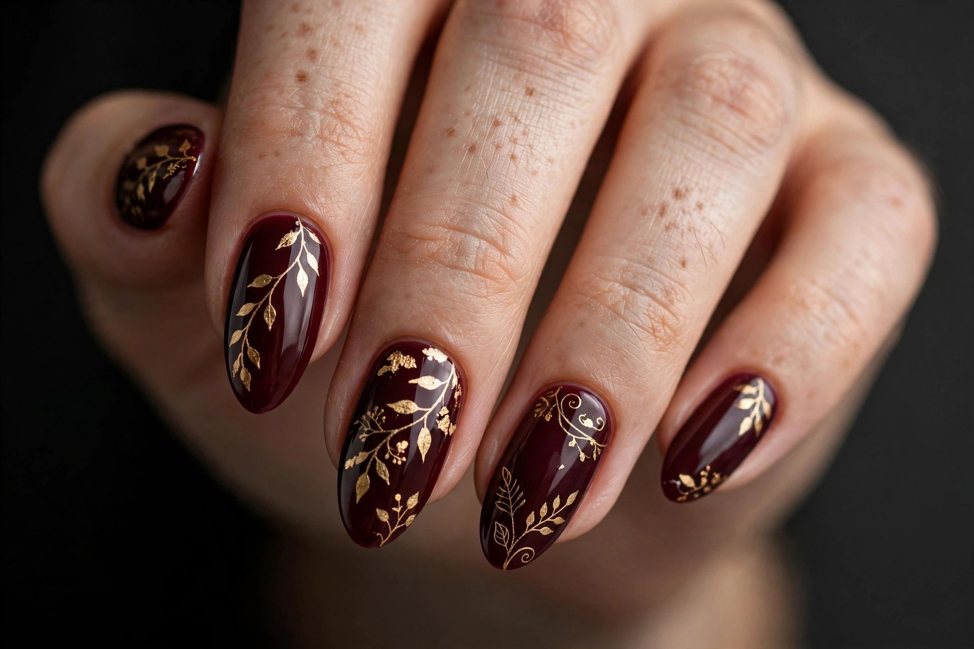 Almond nails in deep burgundy polish with delicate gold leaf branch and vine botanical nail art