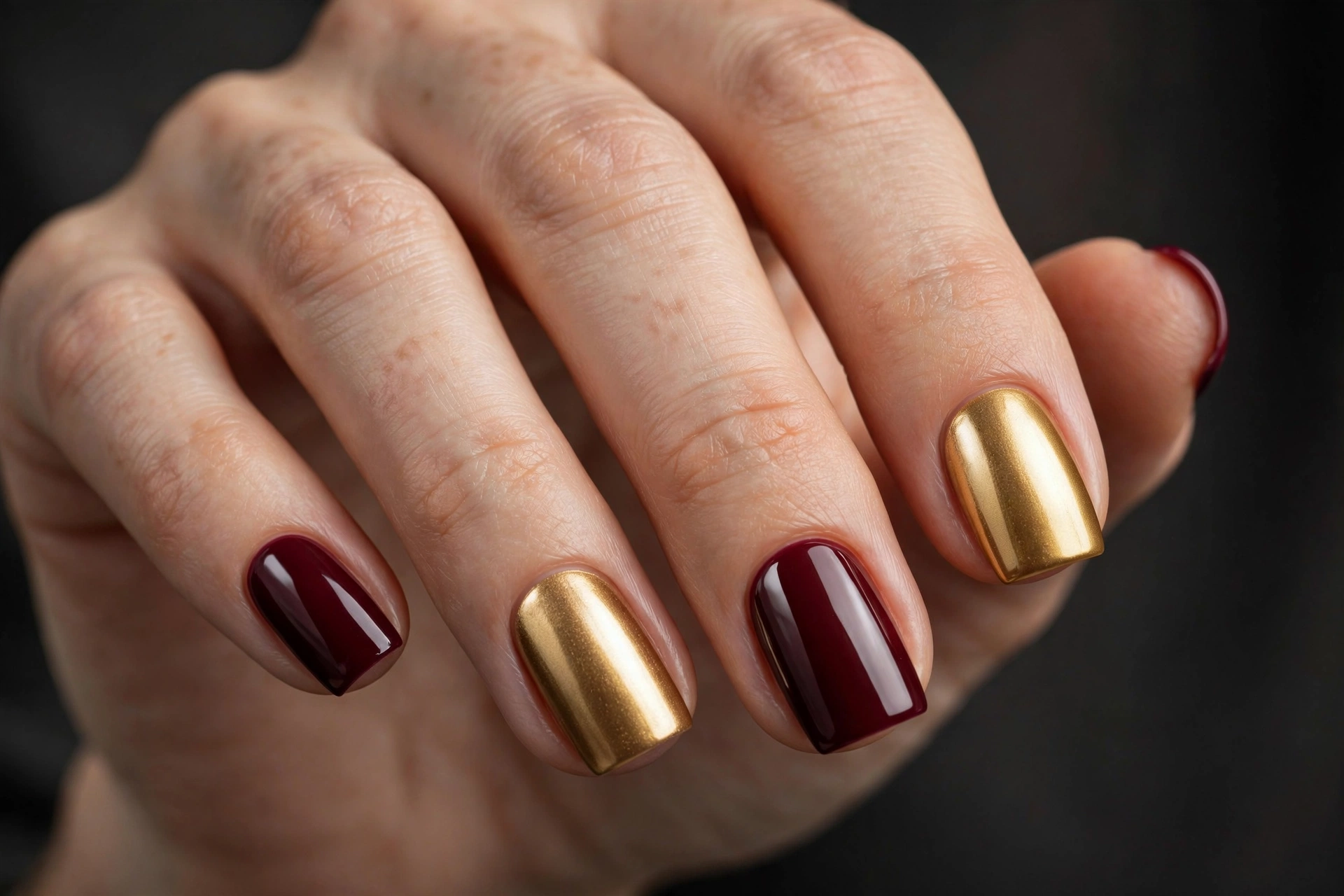 Square nails alternating between solid deep burgundy and solid metallic gold polish