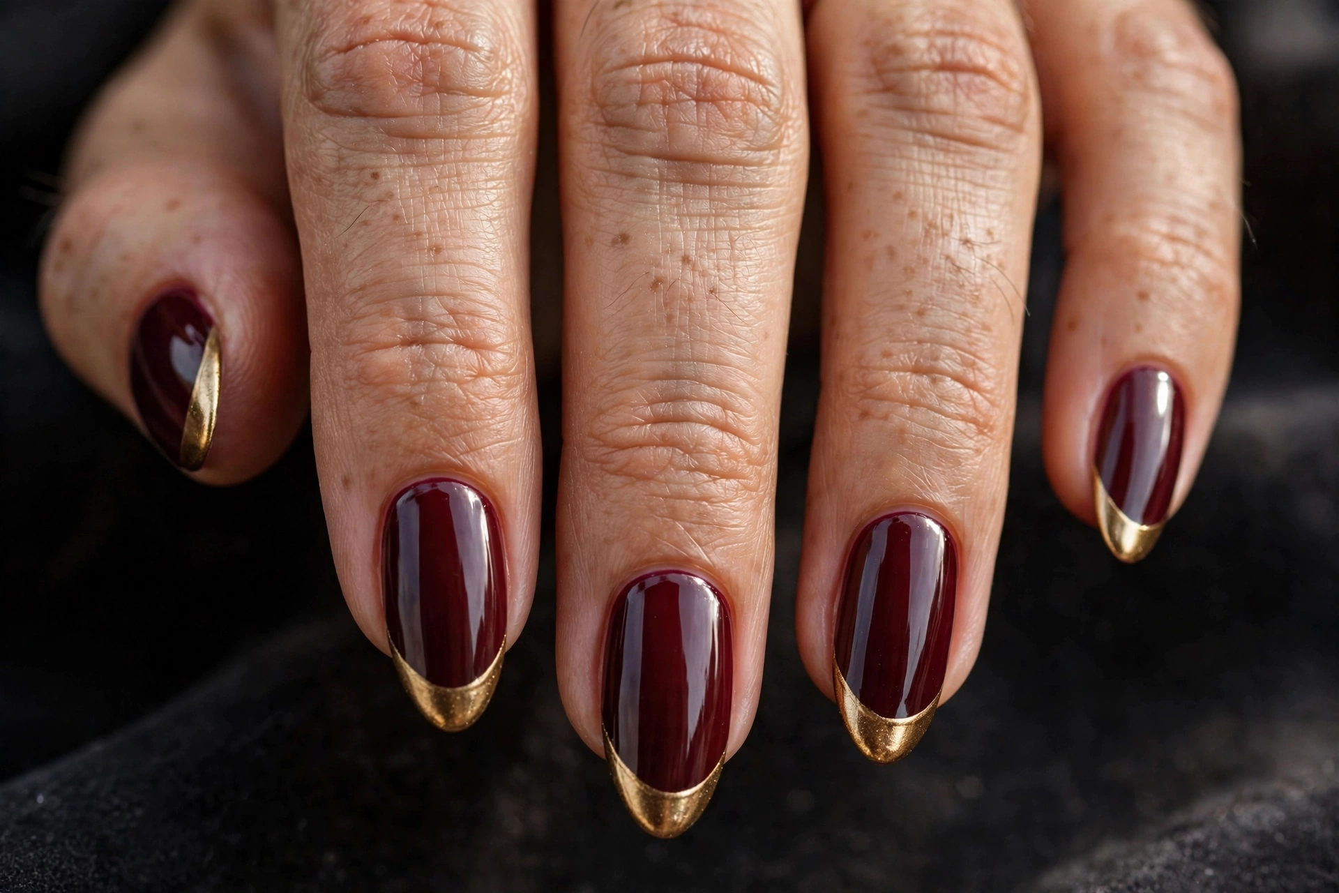 Almond nails with deep burgundy base and metallic gold French tips