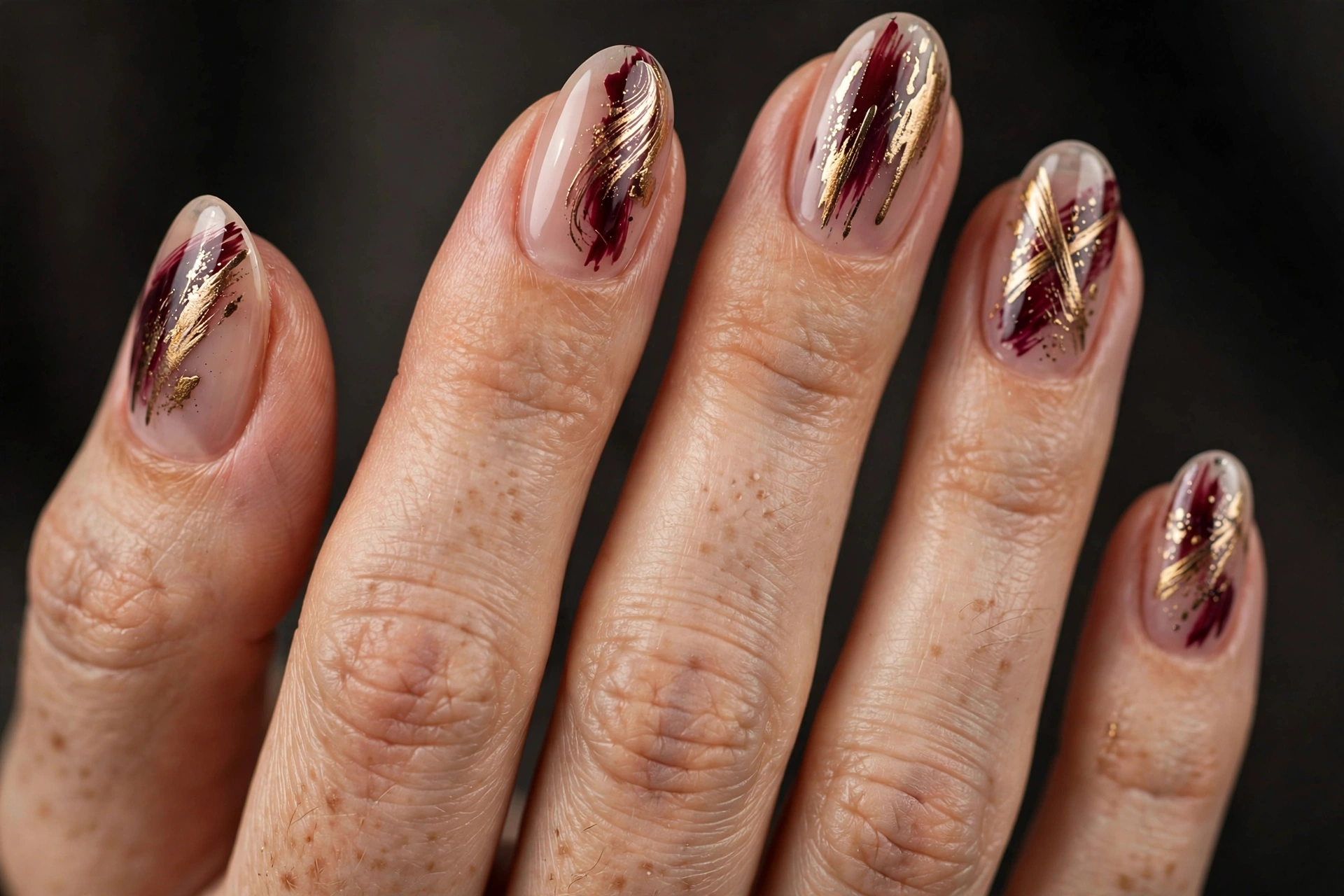 Oval nails in sheer nude polish with abstract brushstroke art in deep burgundy and metallic gold