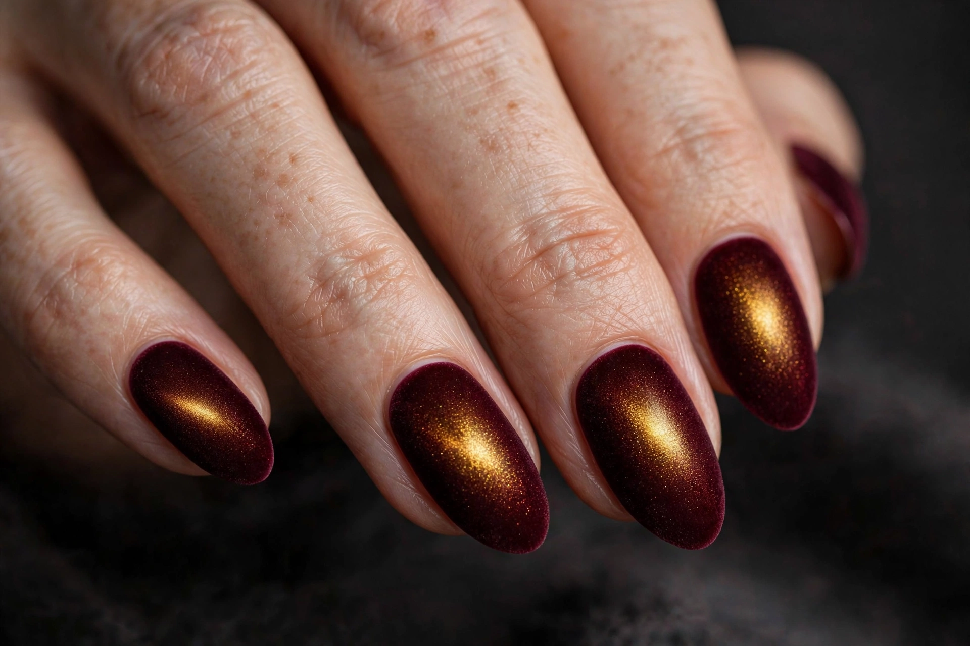 Almond nails in black-cherry burgundy velvet magnetic polish with glowing gold shimmer aura at the center