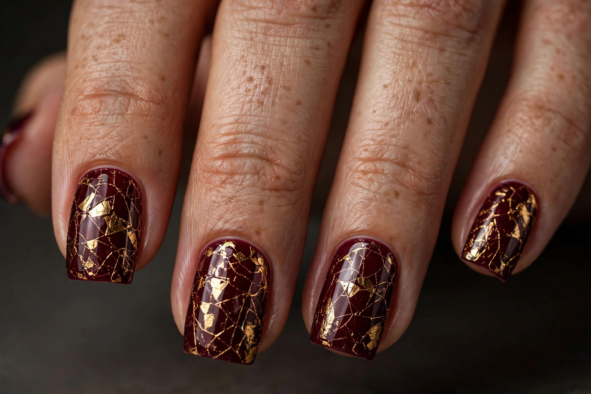 Square nails in deep burgundy polish with gold crackle shattered-glass overlay effect