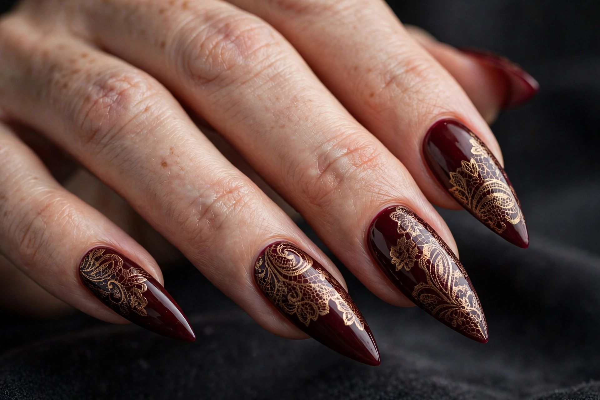 Stiletto nails in deep burgundy polish with delicate gold lace pattern stamping overlay