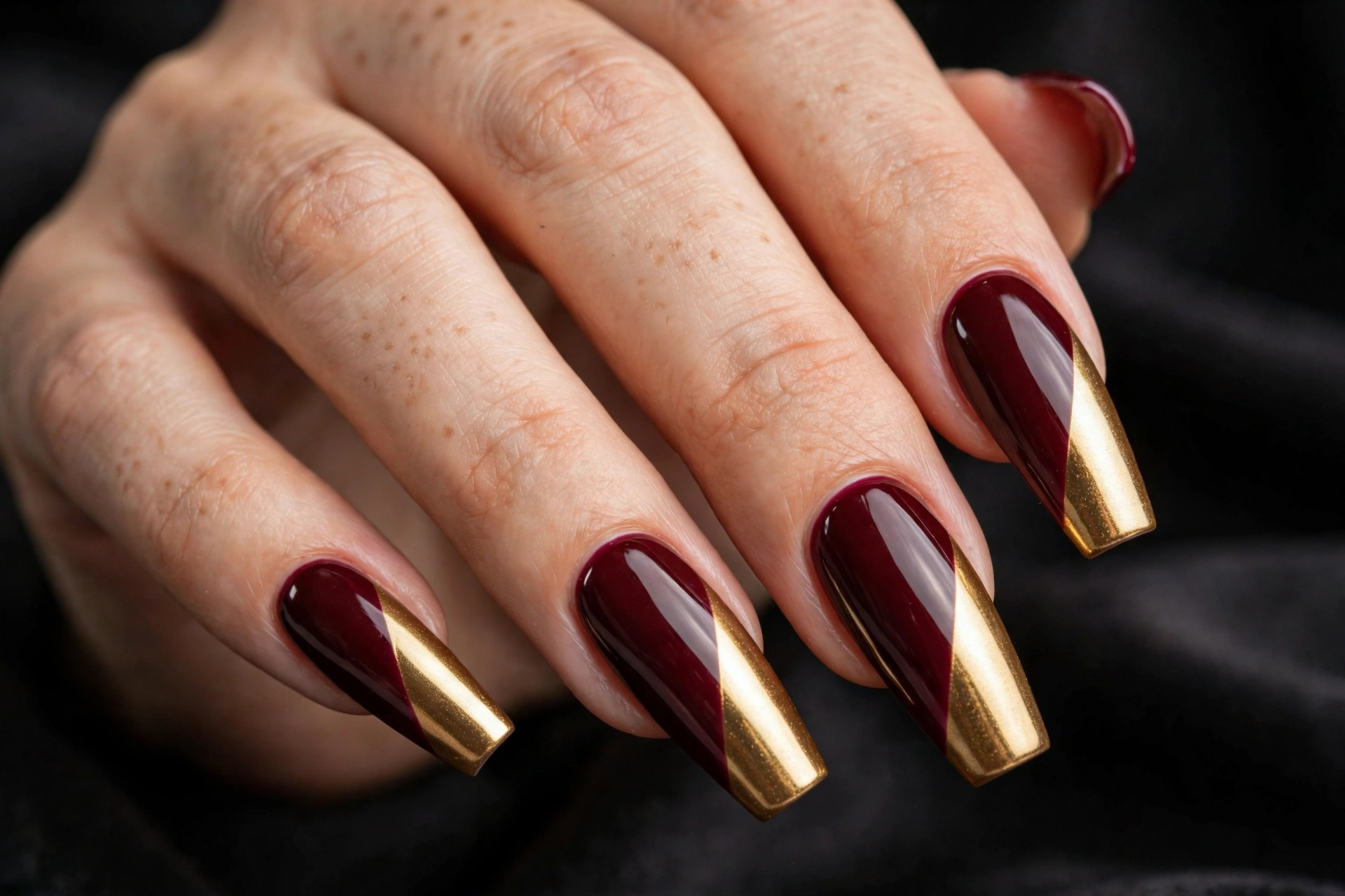 Long coffin nails with bold diagonal two-tone split, deep burgundy on one half and metallic gold on the other