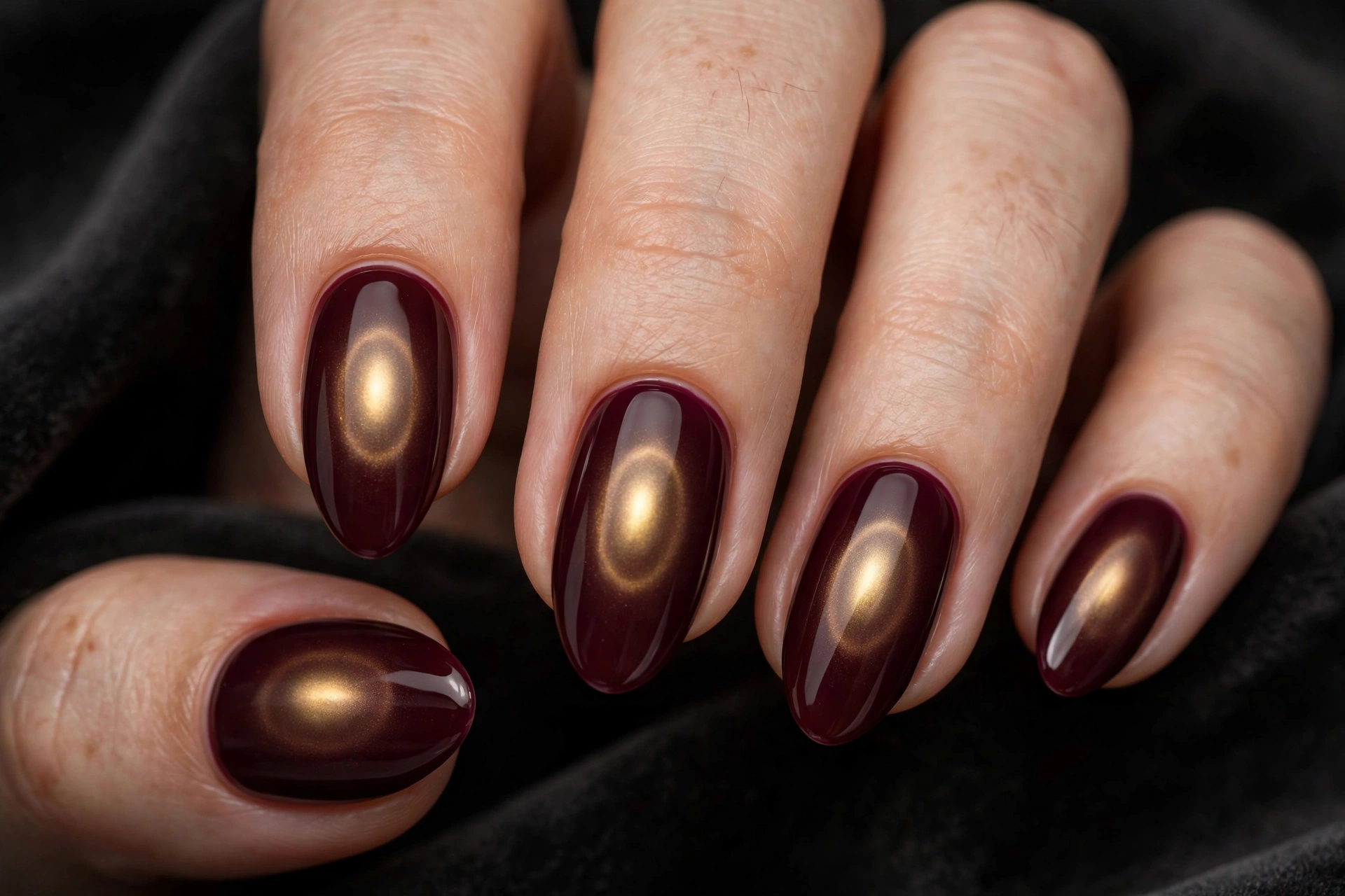 Almond nails with deep burgundy base and soft gold chrome aura glowing at the center of each nail