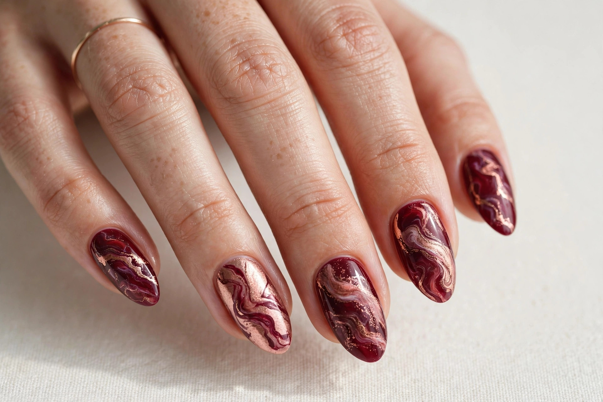 Burgundy and rose gold marble fall nail art manicure